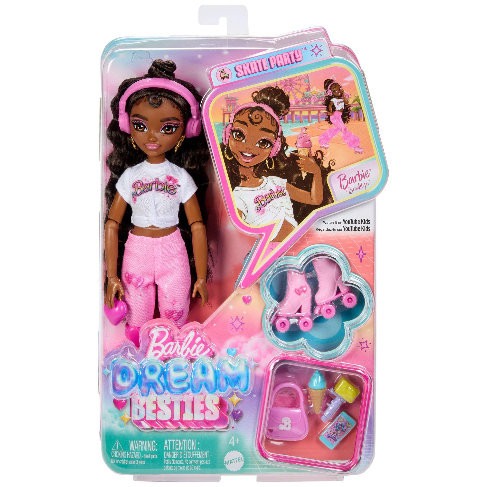 Barbie Dream Besties Lalka Brooklyn na wrotkach do ustawiania w różnych pozach, z ciemnobrązowymi włosami, wrotkami i akcesoriami z motywem muzyki, JFX97