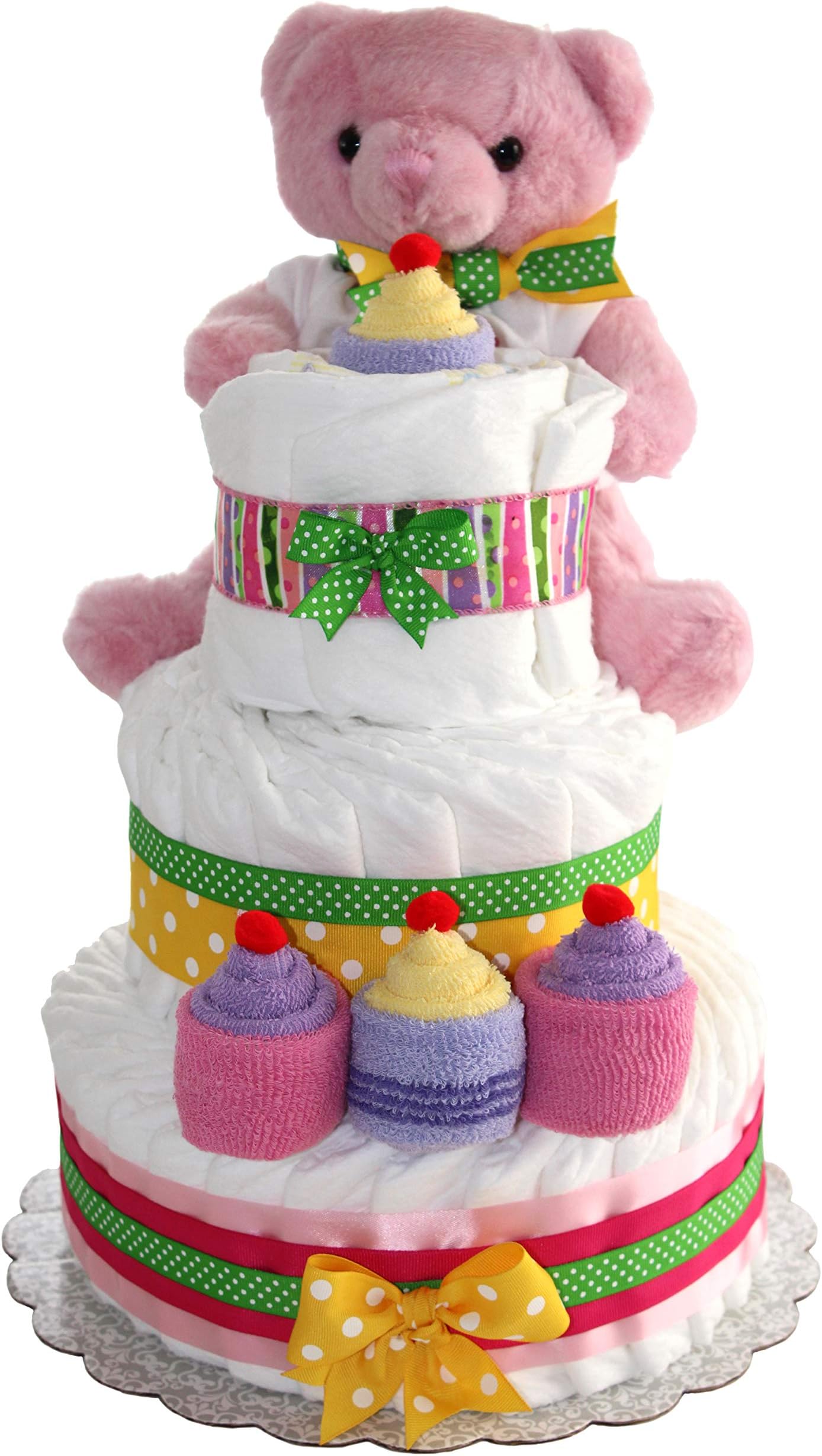 Baby Diaper Gift Pack – 3 Tier Cake w/ 50 Diapers, 2 Lush Socks, 4 Washcloths and Teddy Bear Friend | Unique Baby Shower Gifts That You Can Personalize Or Give As is | Large Centerpiece (Pink)