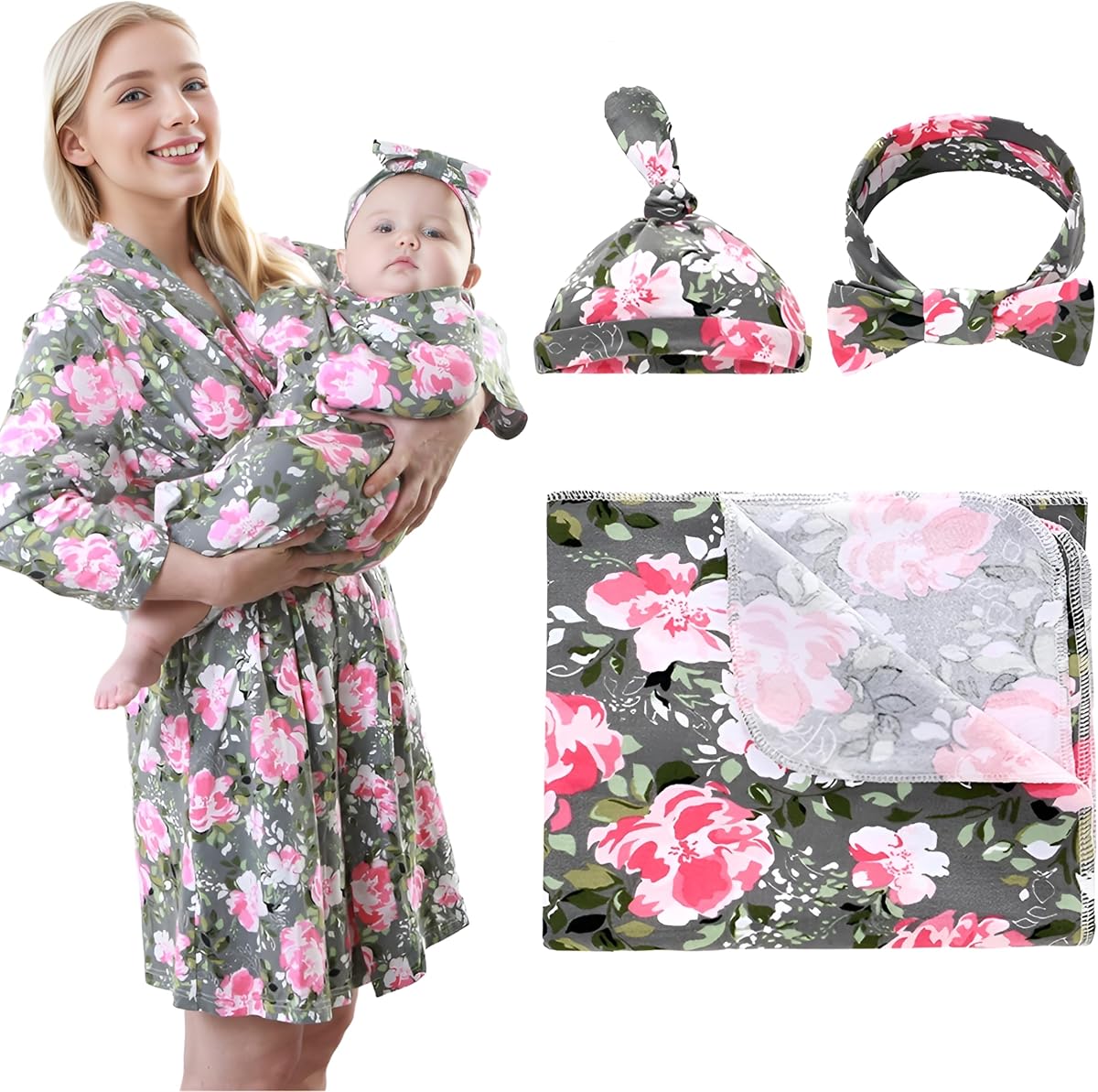 Paquete de 4 batas de maternidad y manta para bebé a juego con gorro y diadema, vestido de lactancia de punto elástico con bolsillos y manta de recepción para mamá y bebé (flor gris)