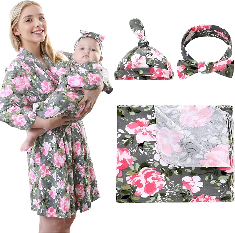 Paquete de 4 batas de maternidad y manta para bebé a juego con gorro y diadema, vestido de lactancia de punto elástico con bolsillos y manta de recepción para mamá y bebé (flor gris)