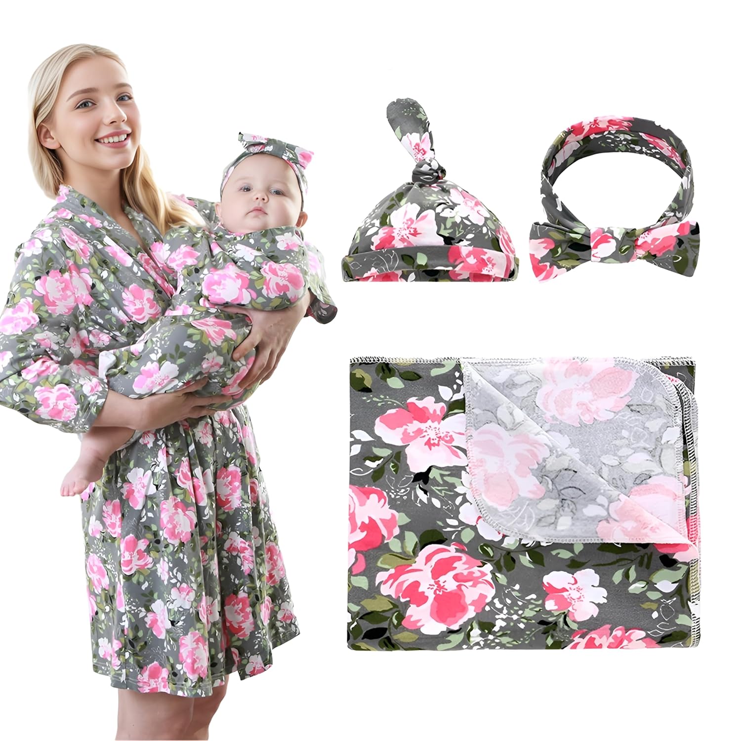 4 Pack Maternity Robe and Matching Baby Swaddle Blanket with Hat Headband Set, Stretchy Knitted Delivery Nursing Dress with Pockets and Receiving Blanket for Mummy and Baby (Grey Flower) 4 Pack Maternity Robe and Matching Baby Swaddle Blanket with Hat Headband Set, Stretchy Knitted Delivery Nursing Dress with Pockets and Receiving Blanket for Mummy and Baby (Grey Flower)