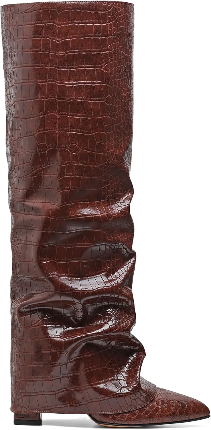 SaraIris Women's Slouchy Knee High Boots - Black, Pointed Toe, Fold Over, Chunky, Shark Boots - Image 4