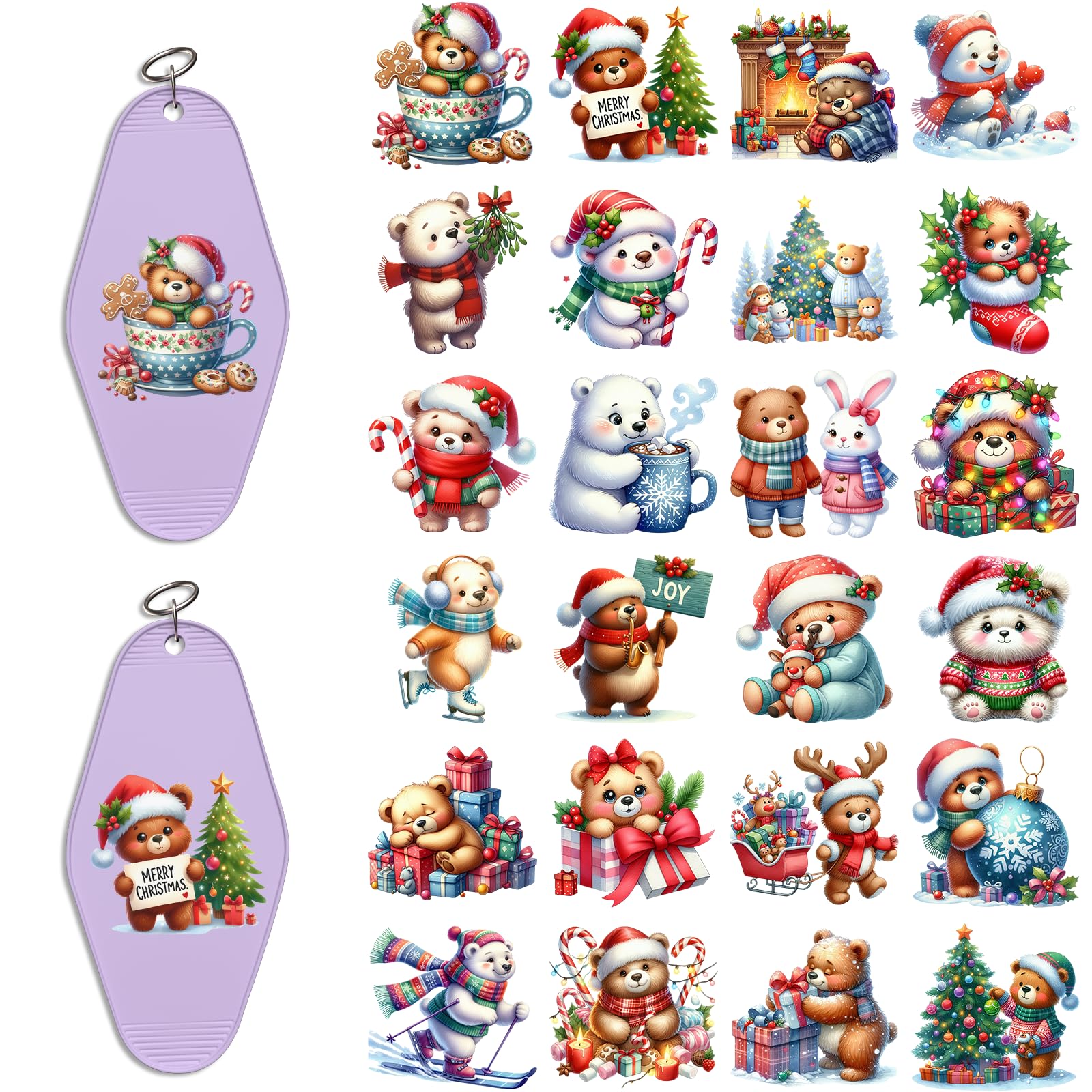 48 Pcs UV DTF Stickers Christmas Bear Sticker for Keychain