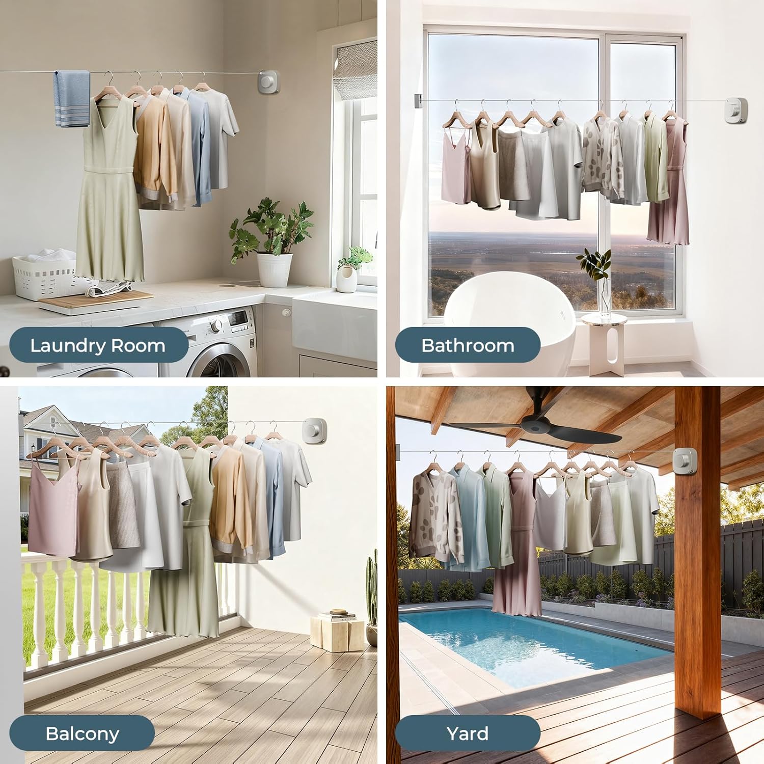 FORIOUS Retractable Clothesline Indoor, 13.8 Ft Non-Sagging Outdoor Clothes Line, Rustproof All Stainless Steel Heavy Duty Clothes Drying Laundry Line, Screw Wall Mounted for Bathroom, Brushed Nickel