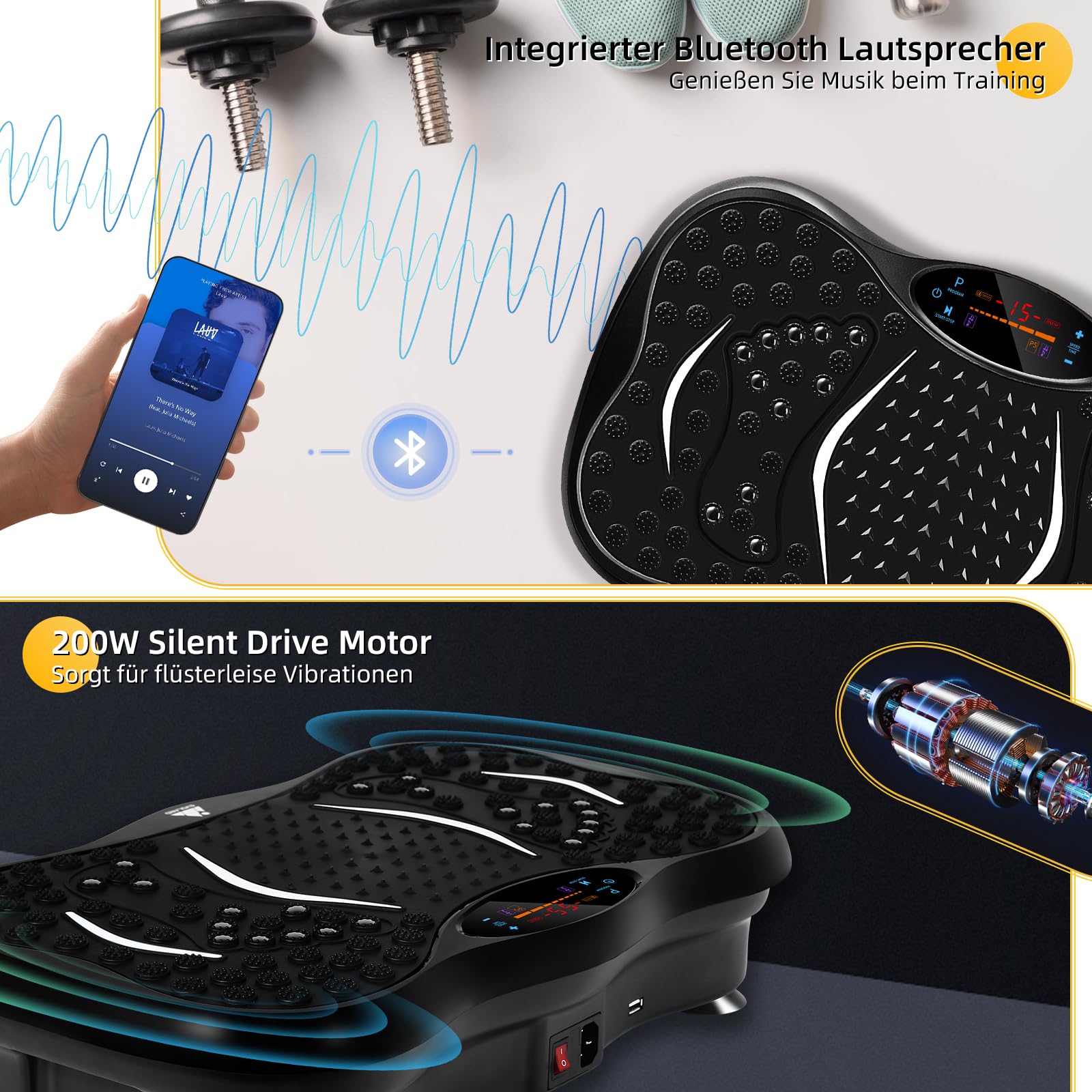 EVOLAND Vibrationsplatte Vibrationsgeräte mit 5 Trainingsprogramme bis 99 Intensitätsstufen, Bluetooth Lautsprecher, Widerstandsbänder mit Griff für Ganzkörpertraining und Körperformung