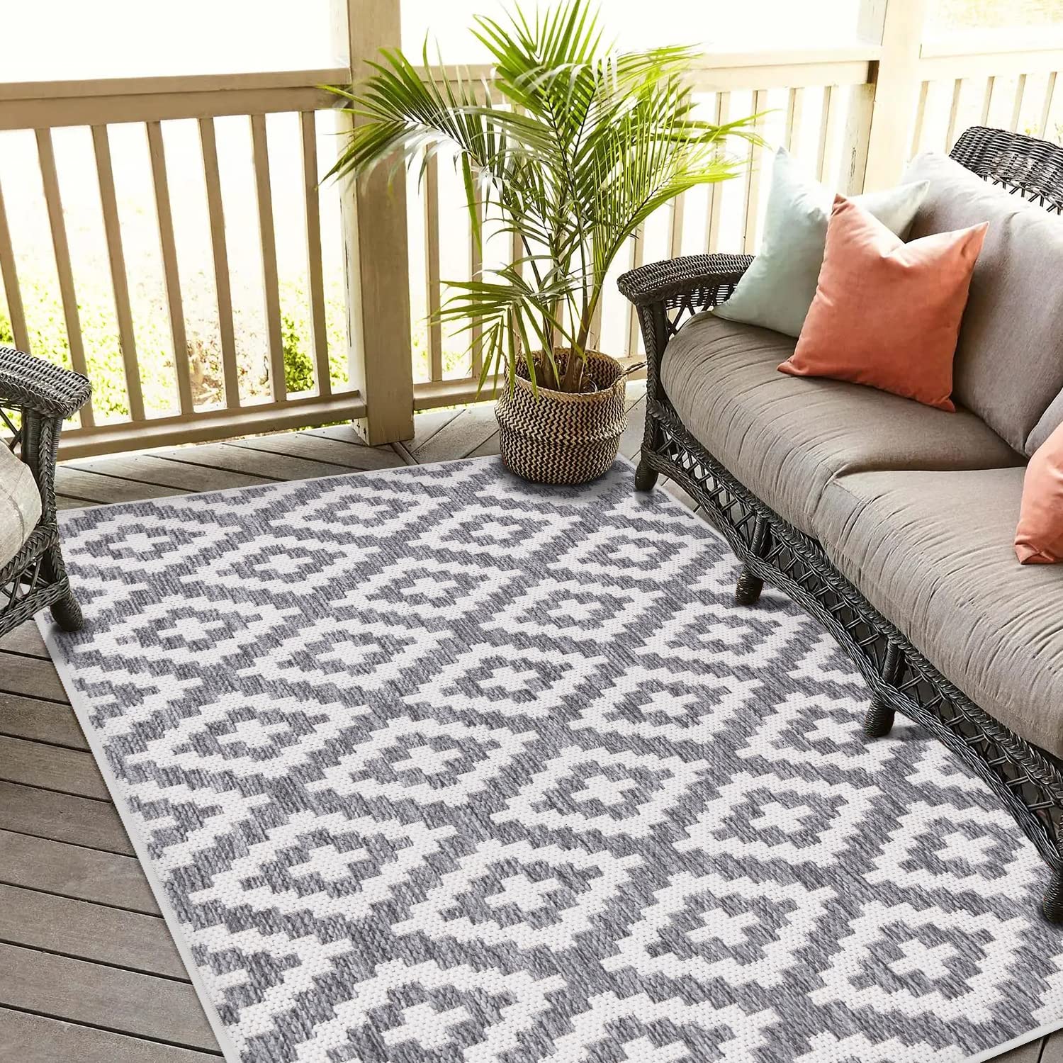 payé Dywan outdoorowy, odporny na warunki atmosferyczne, 160 x 230 cm, szaro-biały, w kratkę w romby, na taras, balkon, do ogrodu, do użytku wewnątrz