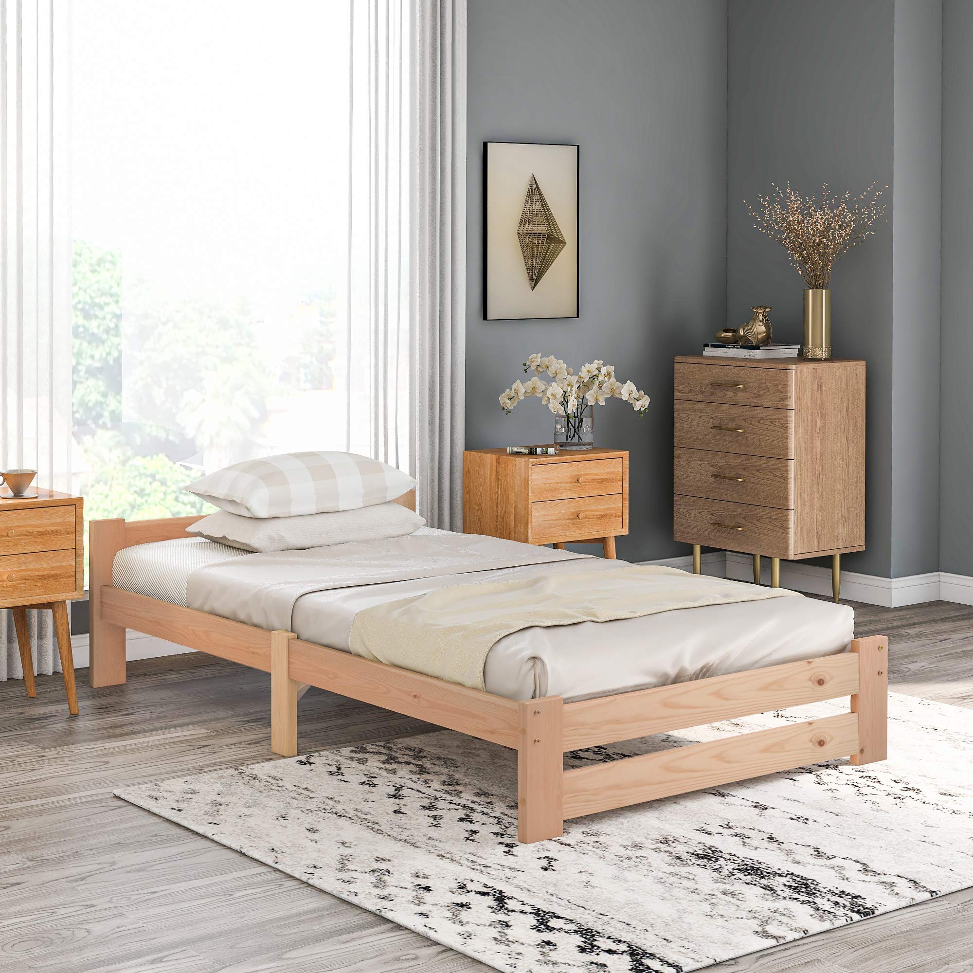 Cama futón de madera maciza maciza natural con cabecero y somier, natural (200 x 90 cm)