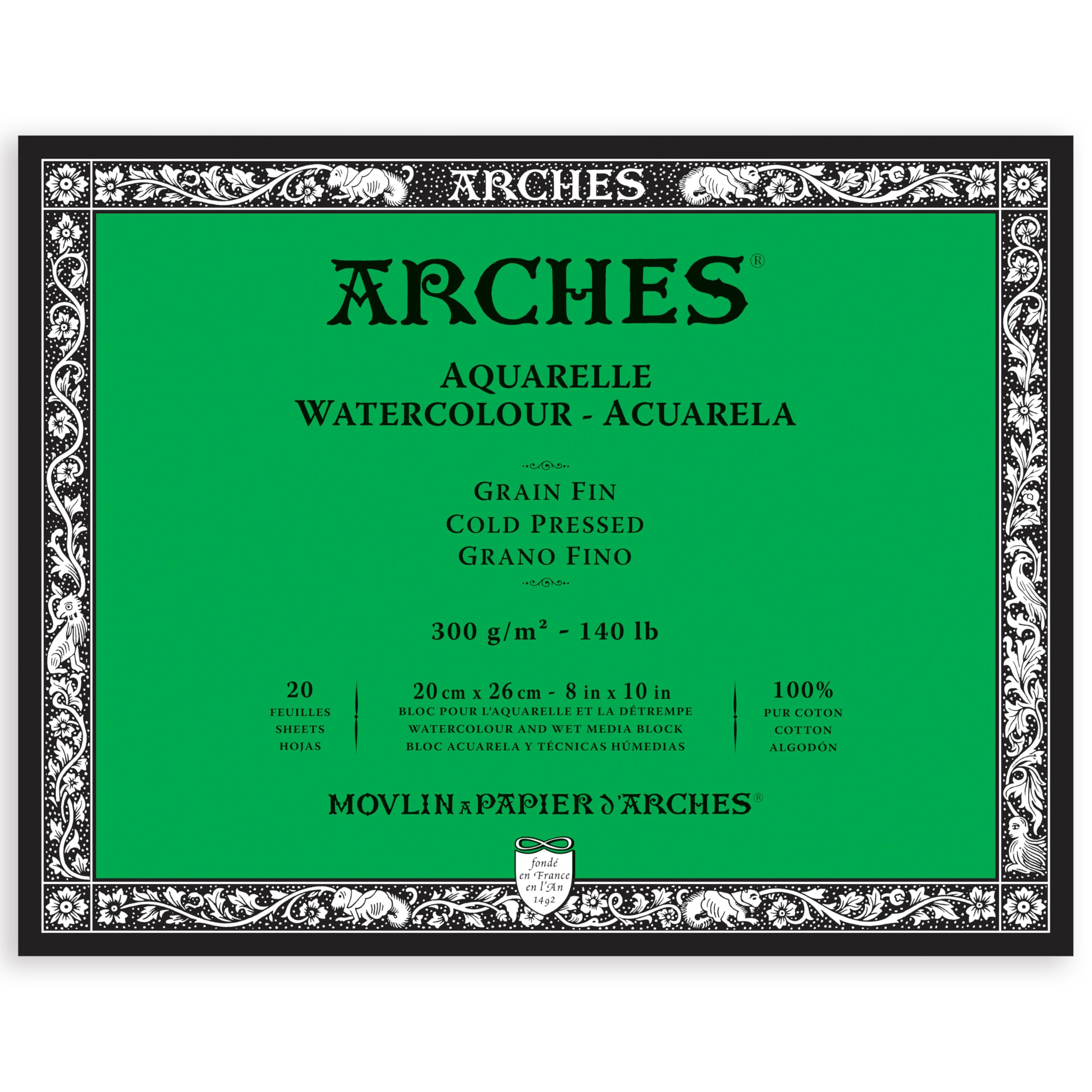 ARCHES Aquarelle - Bloc 20 feuilles 20x26 collé 4 côtés - 300g/m² - grain fin, blanc naturel, 4 bords francs