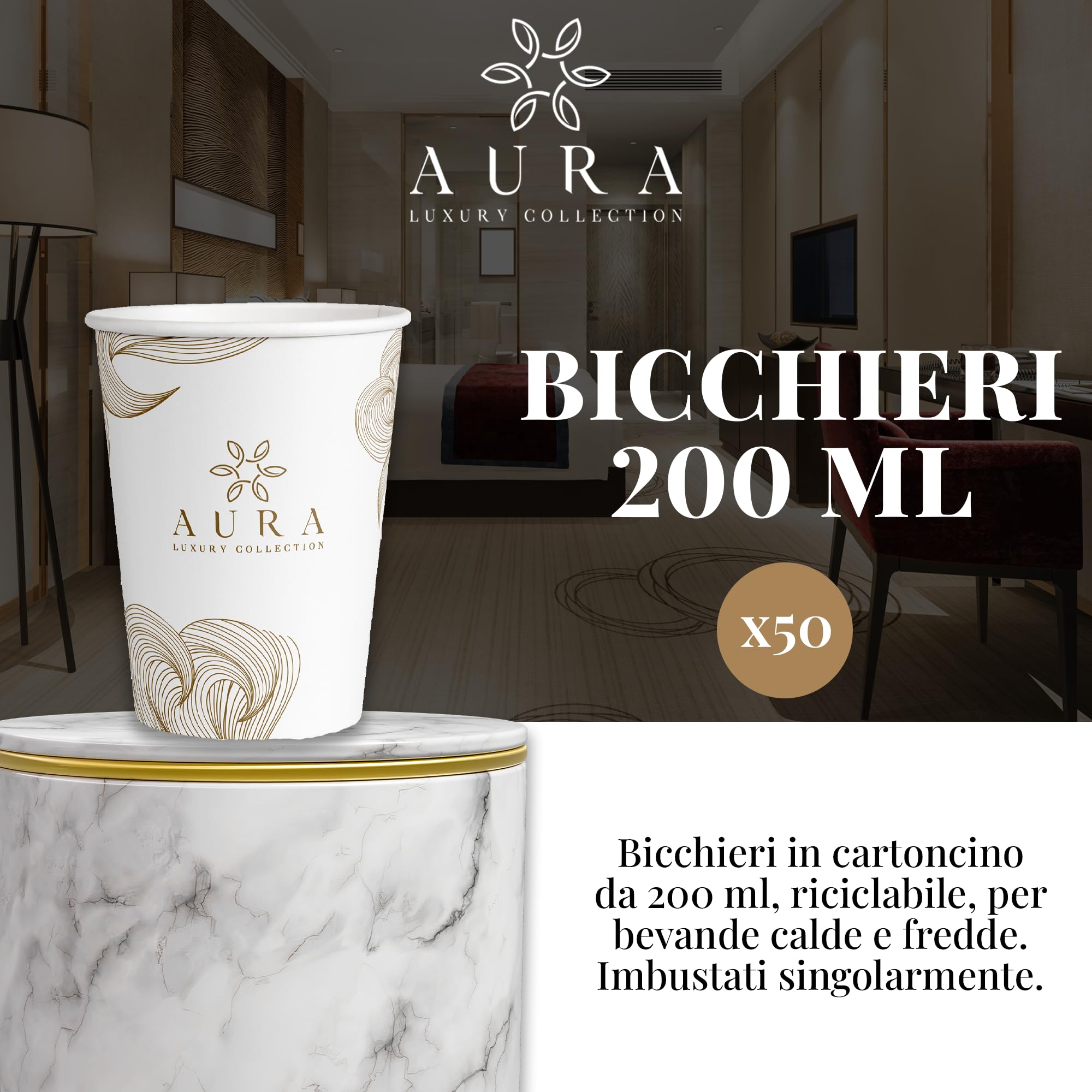 Aura Luxury Collection® Zestaw grzecznościowy 250 sztuk: 70 butelek pod prysznic szampon, 70 butelek do higieny intymnej, 40 słuchawek, 50 zapakowanych kartonowych kubków, 20 par kapci + darmowe 500