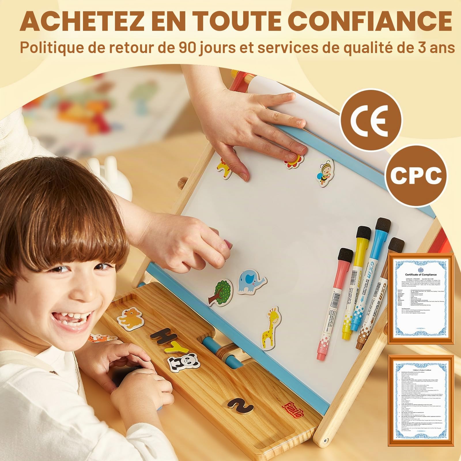 FUNLIO Chevalet de table en bois anti-déformation pour enfants à partir de 3 ans (plus de 100 pièces), chevalet magnétique double face avec 3 angles réglables, chevalet pour enfants, pliable - Bleu