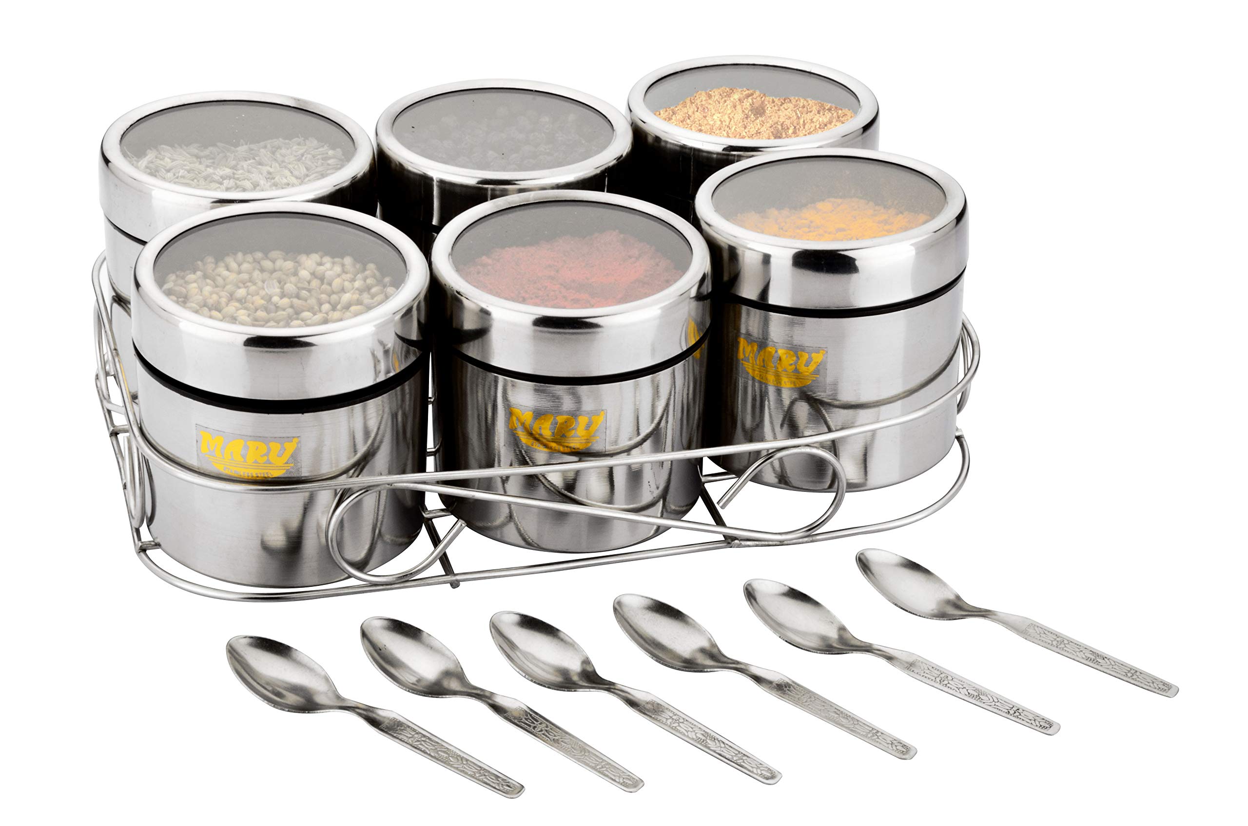 MARU Stainless Steel Masala Container for Kitchen, Multipurpose Organizer with Wire Stand & 6 Spoon Set, Spice Storage box, Durable Kitchen Storage Solutions for Spices and Essentials 350ml each - Image 3 thumbnail