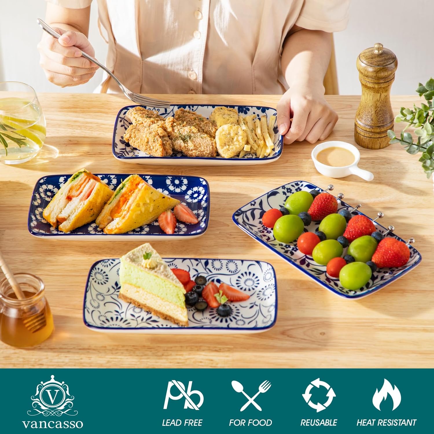 vancasso Selene 8.5 Inch Rectangular Salad Plates Set of 6, Ceramic Salad Plates for Sushi, Dessert, Appetizer, Porcelain Platters for Kitchen Decor, Microwave & Oven Safe, Vintage Blue & White Color - Image 4