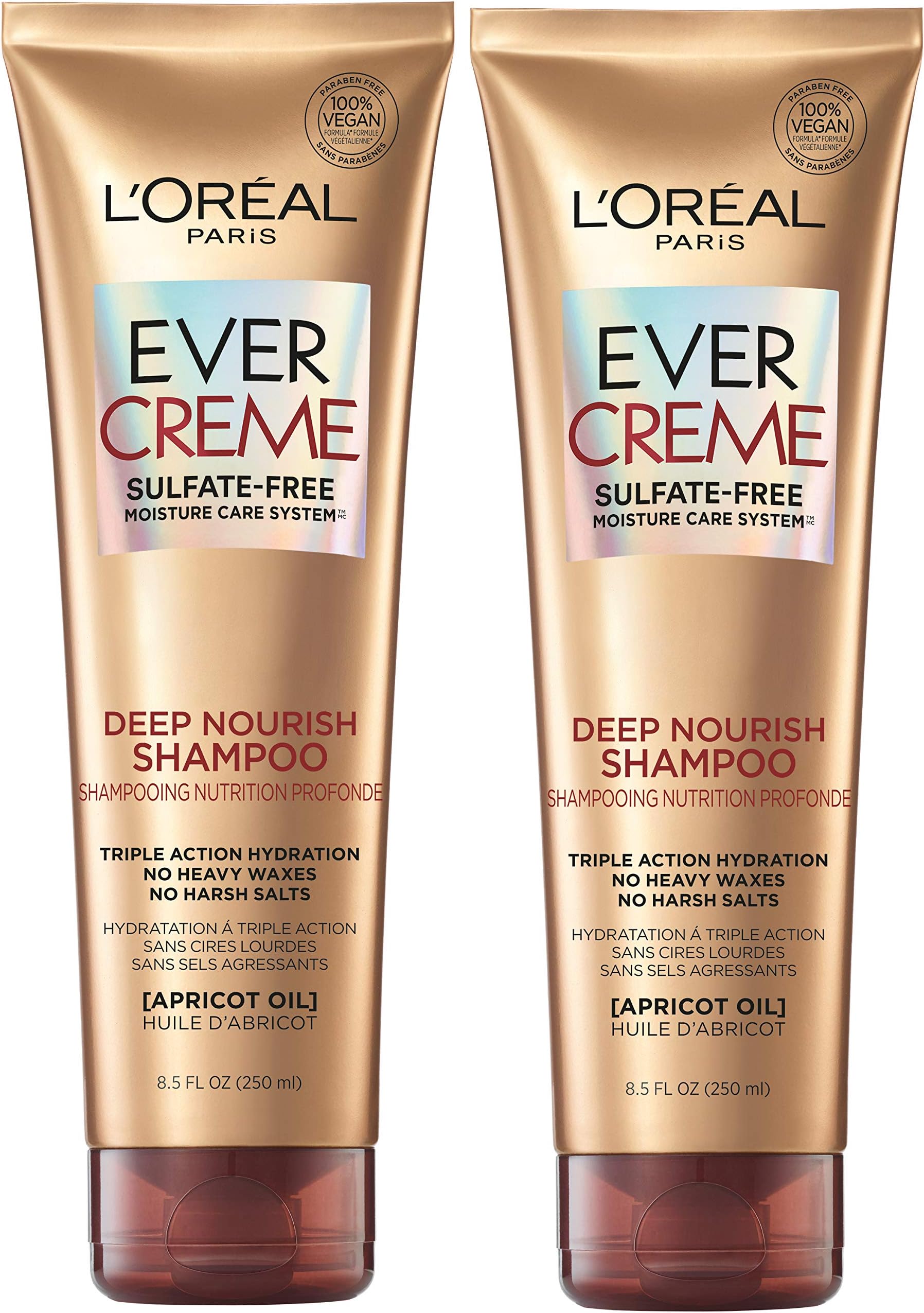 L'Oreal Paris EverCreme Sulfate Free Shampoo for Dry Hair, Triple Action Hydration for Dry, Brittle or Color Treated Hair, with Apricot Oil, 8.5 Fl; Oz (Pack of 2) (Packaging May Vary)