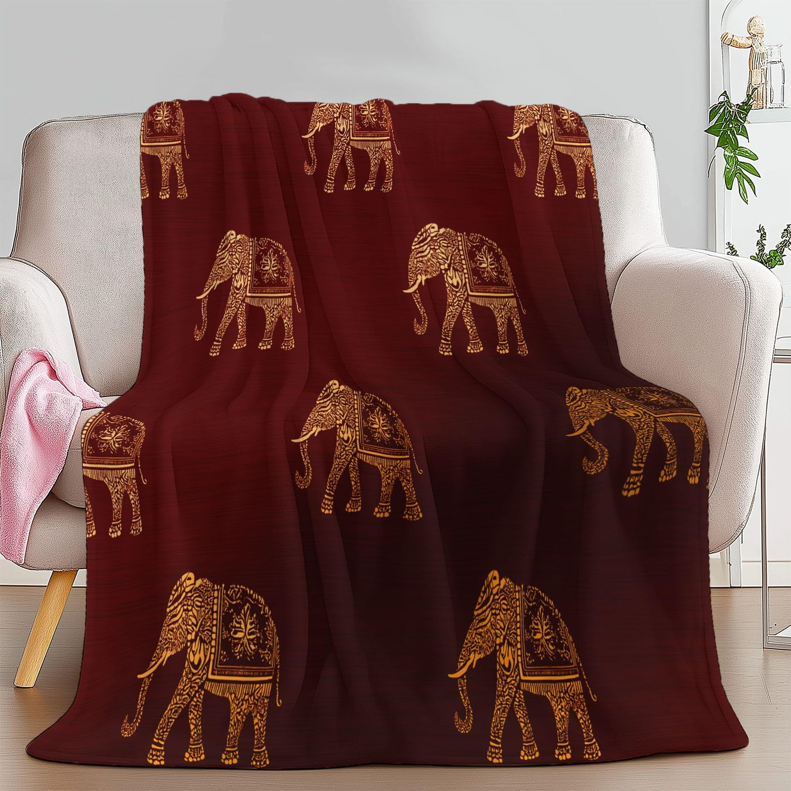 Miękki koc sherpa ze wzorem słonia, 180 x 200 cm, dla dzieci i dorosłych, retro tradycyjna pościel flanelowa z nadrukiem, hipoalergiczna, ciepła narzuta na łóżko, sofę, krzesło, łóżko, do salonu, 180