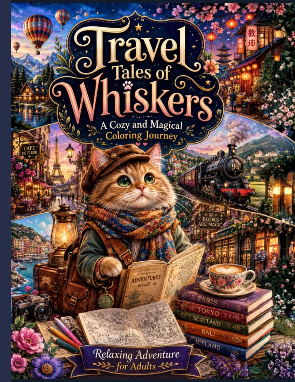 Travel Tales of Whiskers: A Cozy and Magical Coloring Journey – Relaxing Adventure for Adults