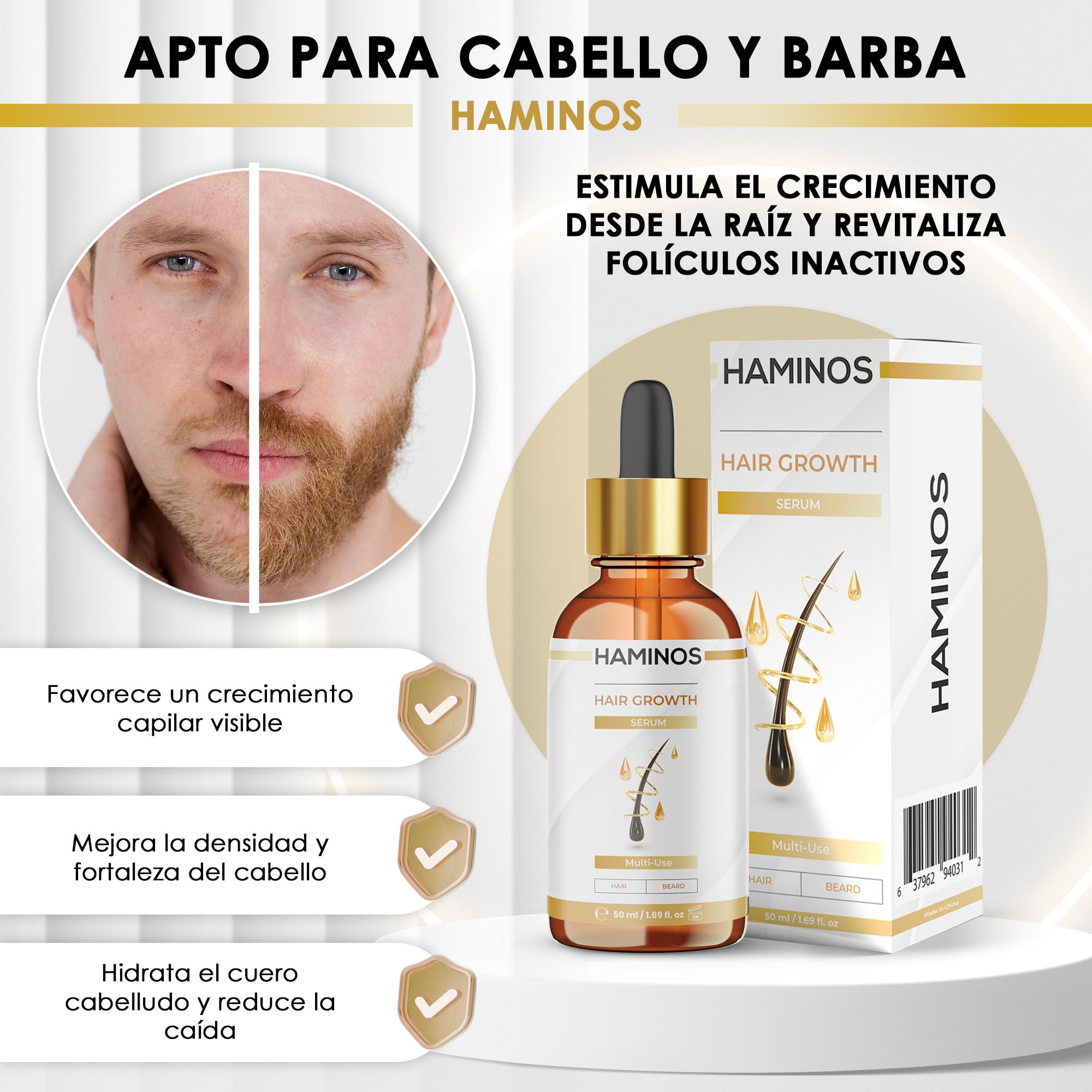HAMINOS Sérum Crecimiento Capilar con Romero, Jengibre, Ginseng y Péptidos – Fortalece y Estimula el Cabello – Anticaída, Hidratante y Revitalizante - FÓRMULA ÚNICA (50 ml)