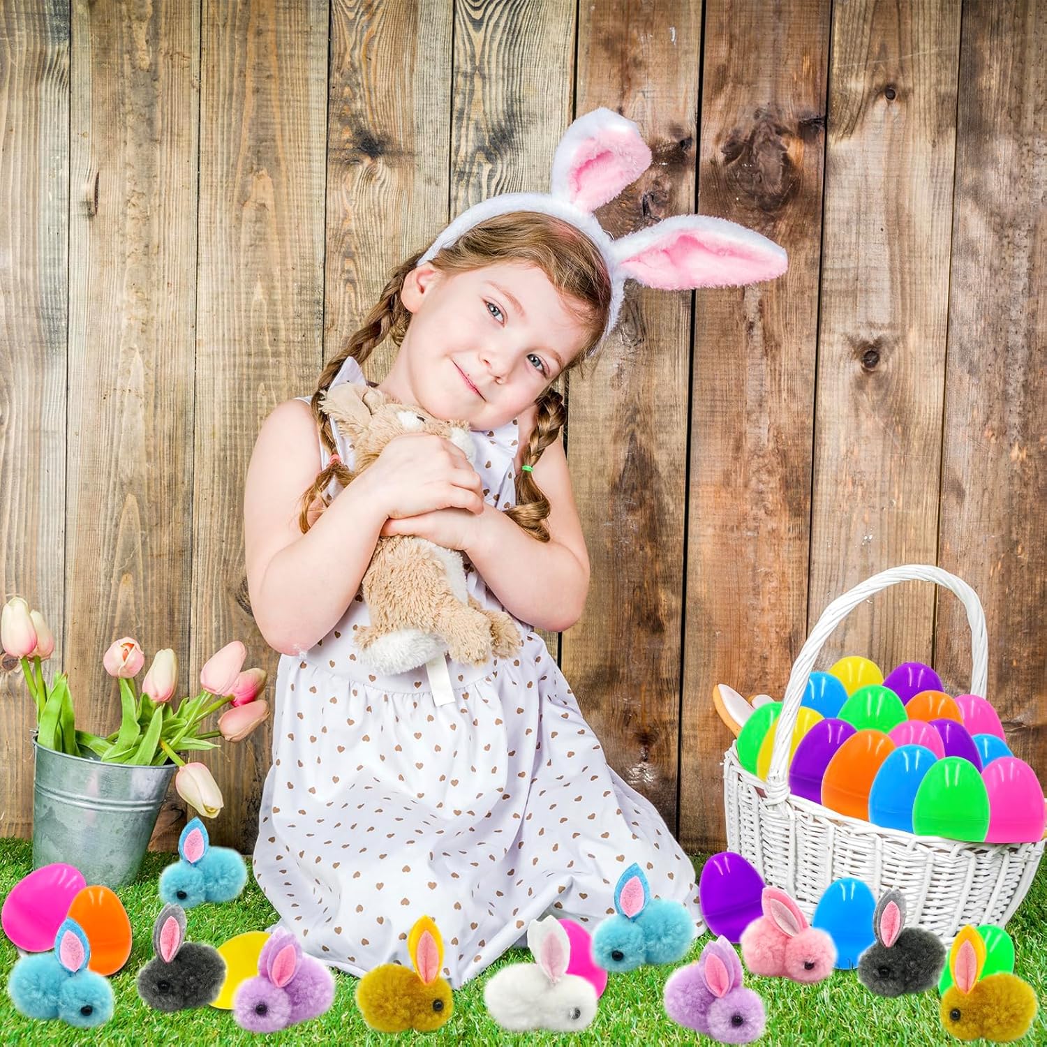 24 Pack Easter Egg Fillers with Bunny Plush, Filled Mini Stuffed Animal Kids Easter Basket Stuffers with Toys Inside Eggs Hunts Party Favors for Kids Toddler Teens Boys Girls