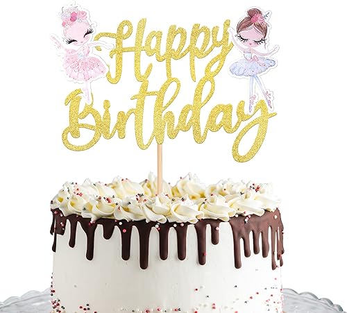 1 pieza de decoración de pastel de bailarina de feliz cumpleaños con purpurina dorada colorida bailarina de ballet para bebé niña, tutú bailarín,