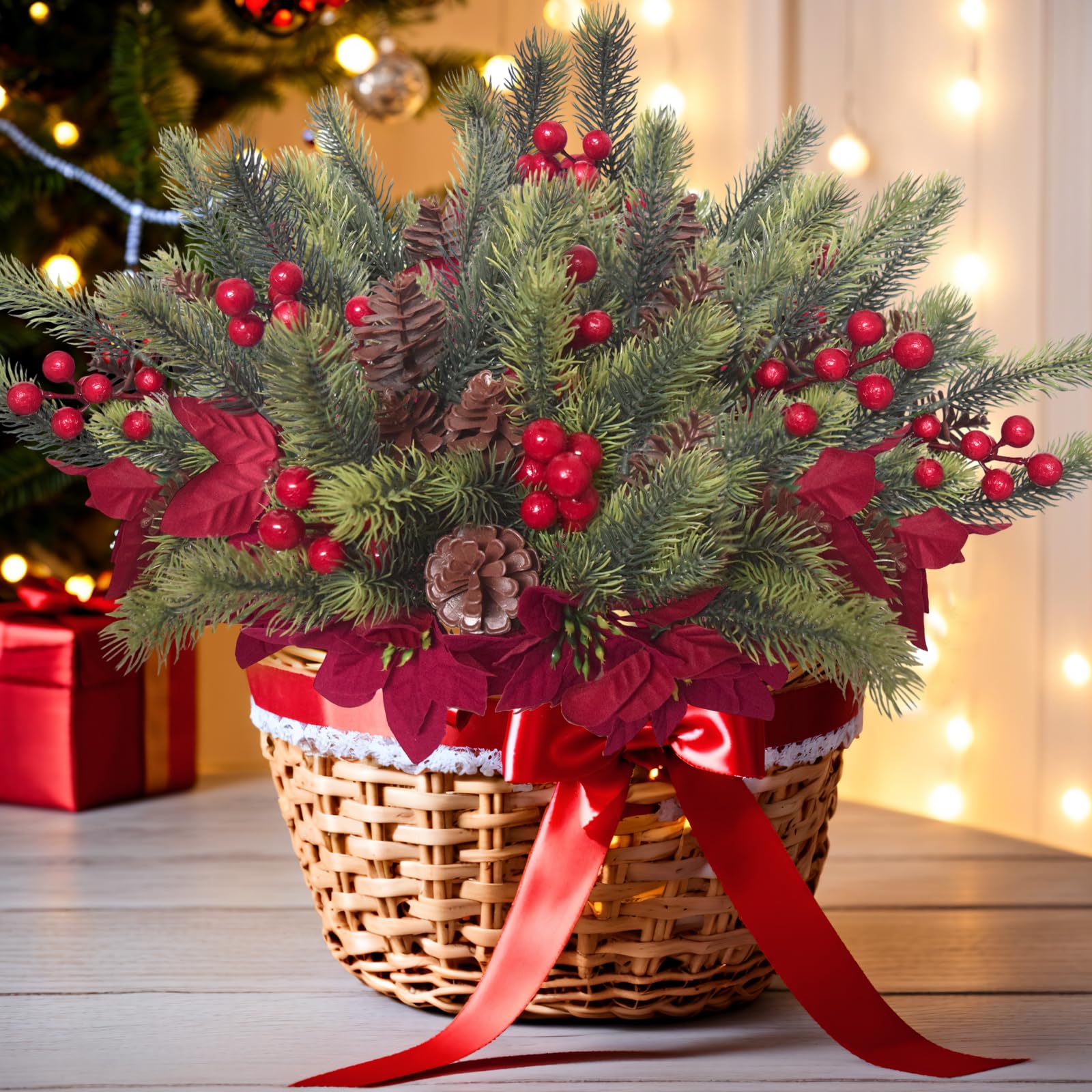 6er Set Künstliche Tannenzweige Mit Zapfen & Roten Beeren – Weihnachtliche Kunstblumen Für Deko, Kranz & Gesteck