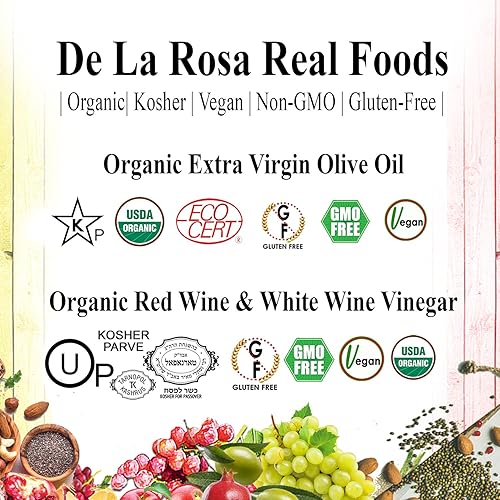 Miniatura 3 de De La Rosa Aceite de oliva virgen extra orgánico, vinagre de vino tinto y blanco, 100% puro, vegano, kosher, sin OMG y sin gluten, ideal para