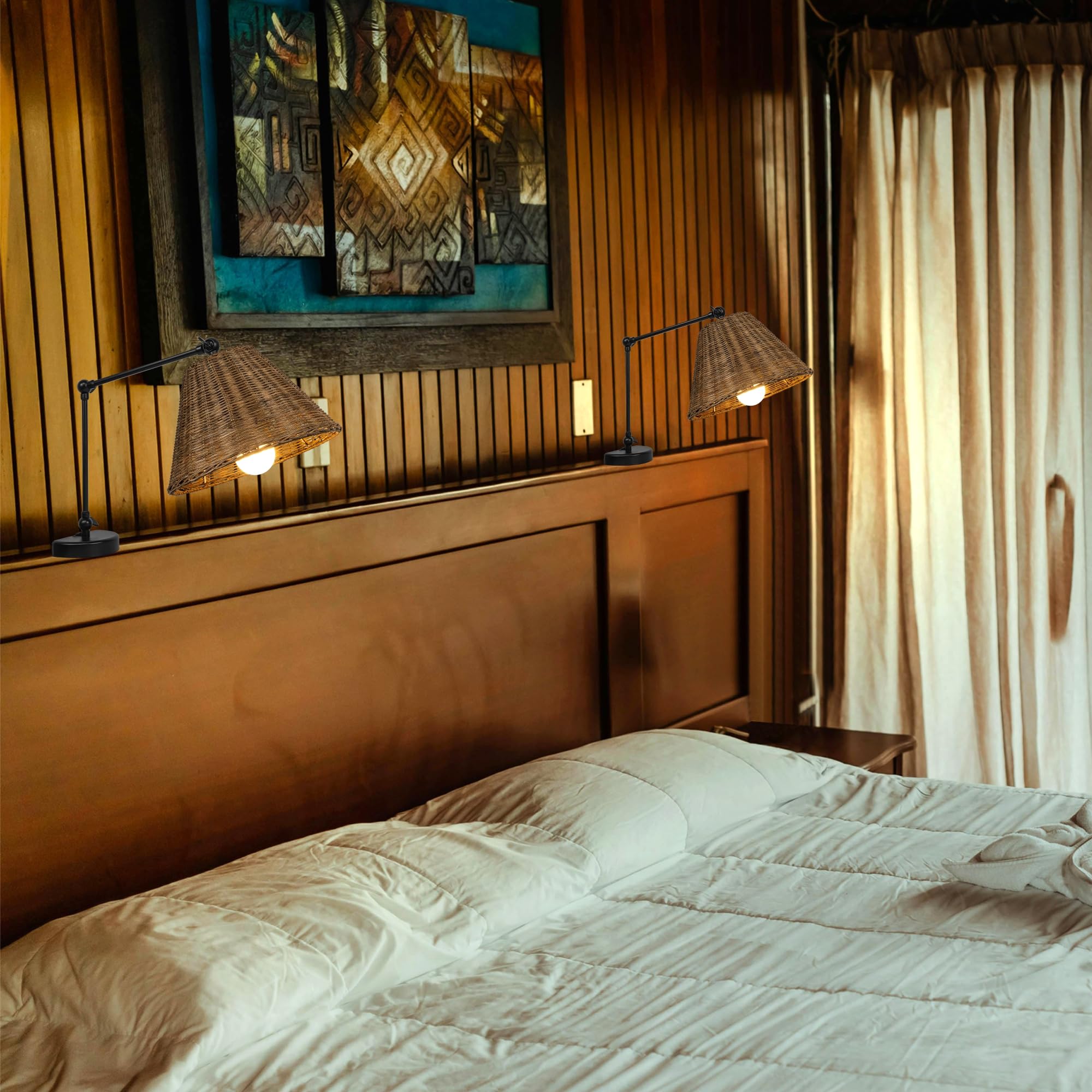 Kiven Battery Operated Headboard Reading Light, Dimmable No Drilling Reading Lamp, Farmhouse Rattan Nightstand Lamp with Adjustable Swing Arm,Remote for Reading Bedside Side Table Desk DZ0511