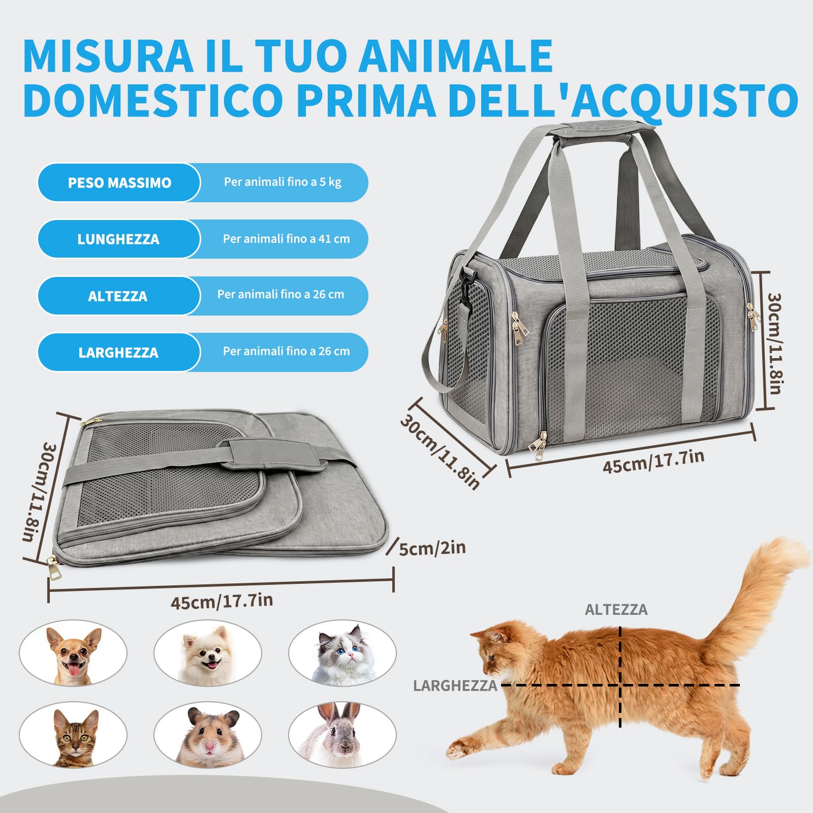Trasportino per Cani e Gatti, Trasportino per Gatti, Tappetino Rimovibile, Tracolla Regolabile, Borsa Pieghevole Portatile, fino a 8 kg, per Gatti e Cuccioli (Grigio, L 43 x P 28 x H 28 cm)