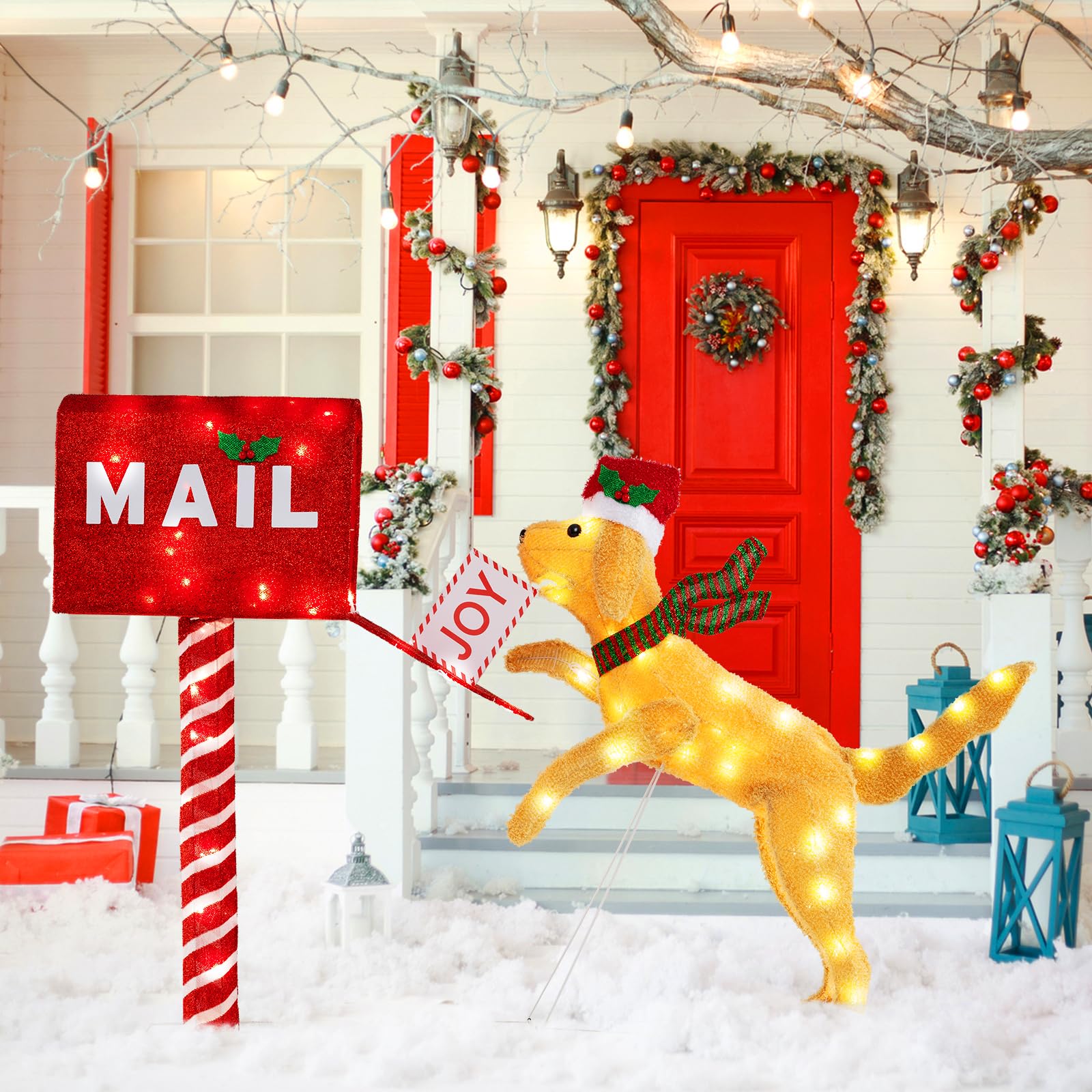 COSTWAY beleuchteter Weihnachtsdackel mit Briefkasten, 108 cm Weihnachtsdeko mit 20 warmweißen LED-Leuchten, Weihnachtsfigur wetterfest, Weihachtsdeko, Weihnachtsbeleuchtung XXL für Innen & Außen