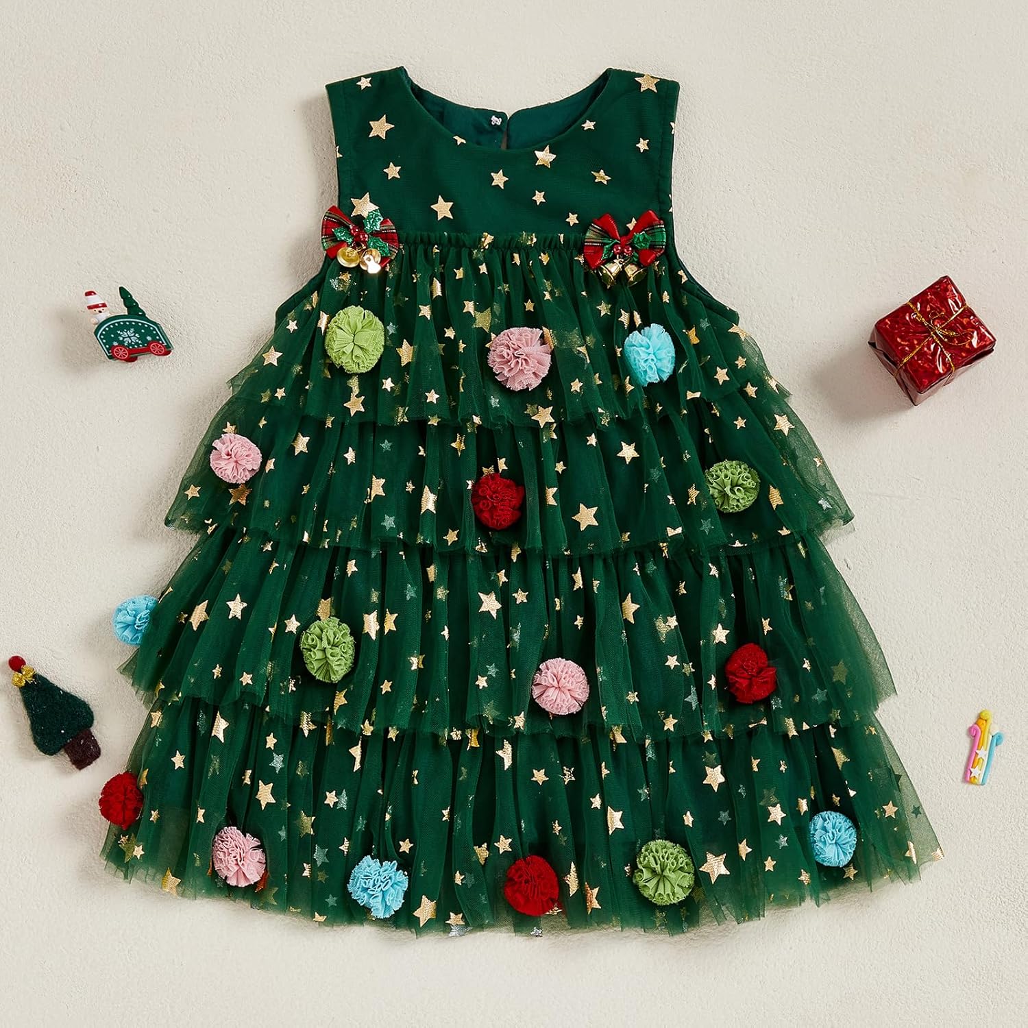 Girls Christmas Dress Sleeveless Shiny Stars Layered Tulle Dress Toddler Christmas Costume Tank Dress with Bells - Image 7