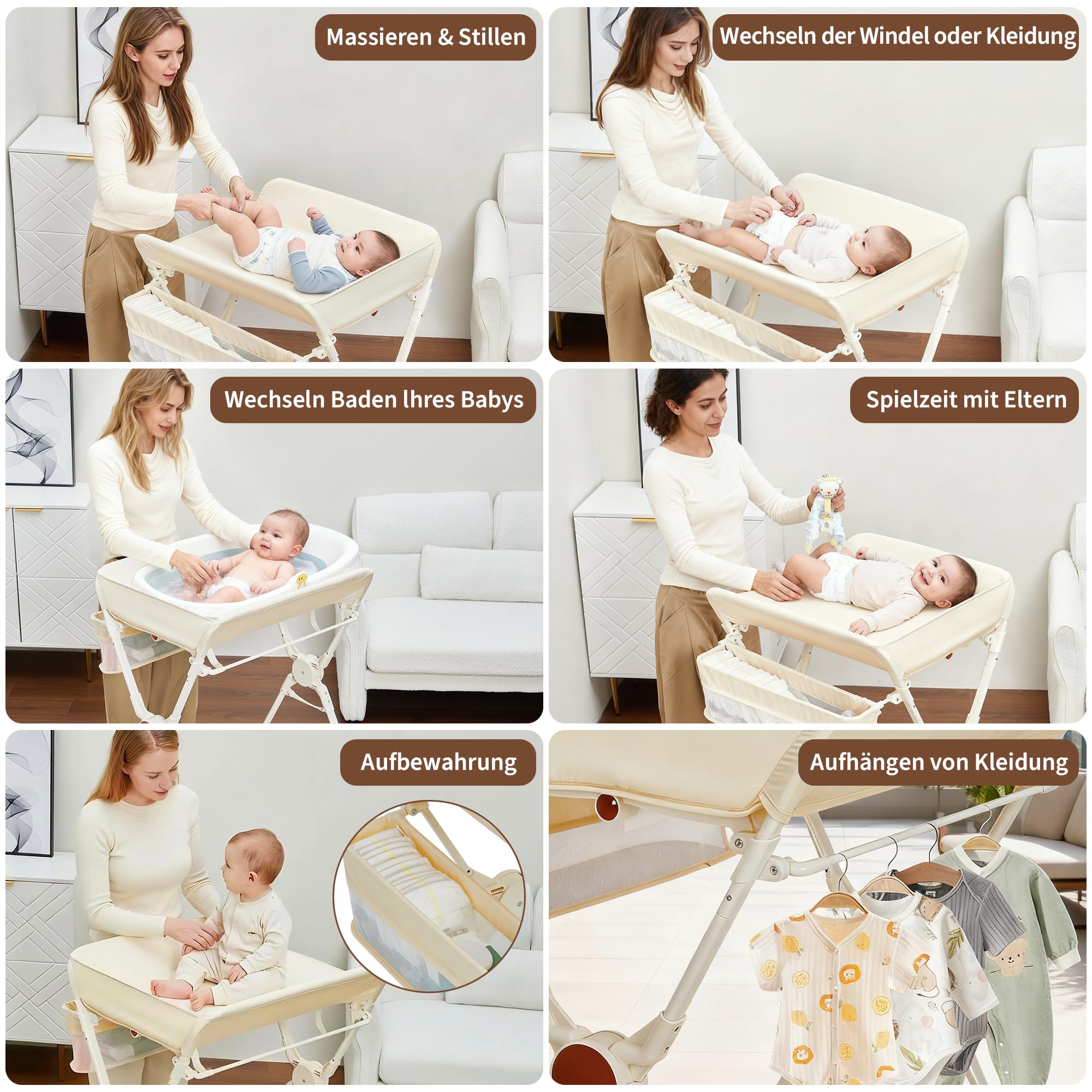 Aptliton Cambiador de bebé 69 x 68,8 x 107 cm, cambiador plegable de hierro y tela con cinturón de seguridad, cuatro ruedas con frenos y cesta lateral, altura ajustable para recién nacidos, B