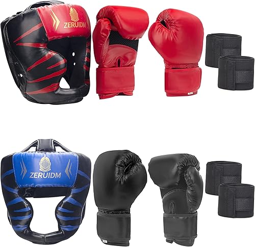 Miniatura 9 de Juego de casco y guantes de boxeo 6 en 1, protector de cabeza de seguridad de entrenamiento para MMA, kickboxing, aprendices de Muay Thai, niños y