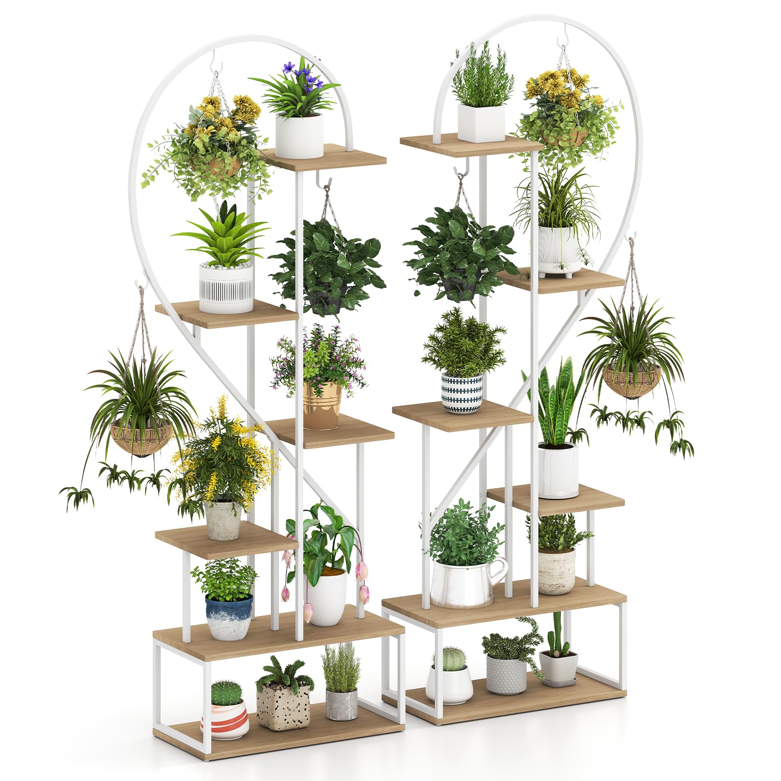COSTWAY 5/6-Tier Tall Plant Stand, 2-Pack Ladder Plant Shelf with Hanging Hooks, Indoor Outdoor Metal Display Pot Holder for Balcony Garden Patio (Natural+White, 56 x 28 x 168 cm, Heart-Shaped) — image 1