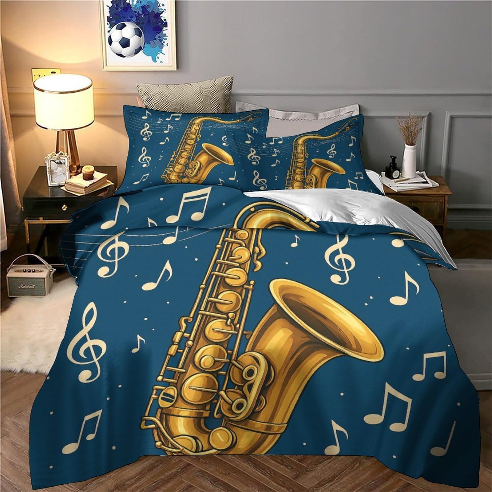 Set Copripiumino Musica Sassofono Stampa 3D Moderna Microfibra Camera Letto Decorazione Morbida Jazz per Adulti Giovani Super king（260x220cm）