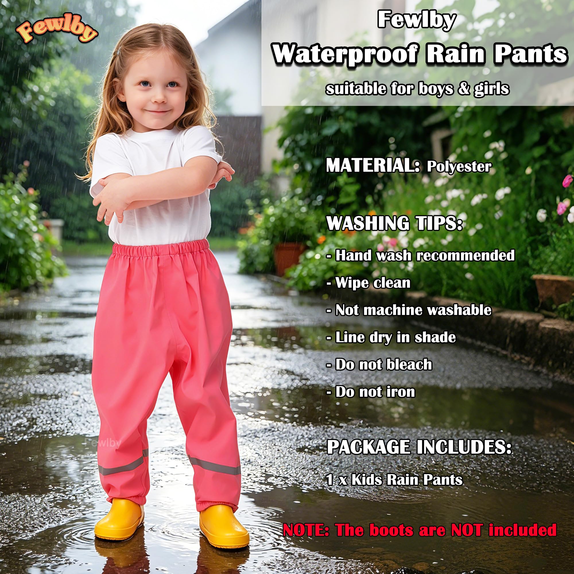 Fewlby Enfant Pantalon Imperméable Pantalon de Pluie, Filles Garçons Combinaison de Pluie avec Bandes Réfléchissantes Réutilisable Vêtements de Pluie