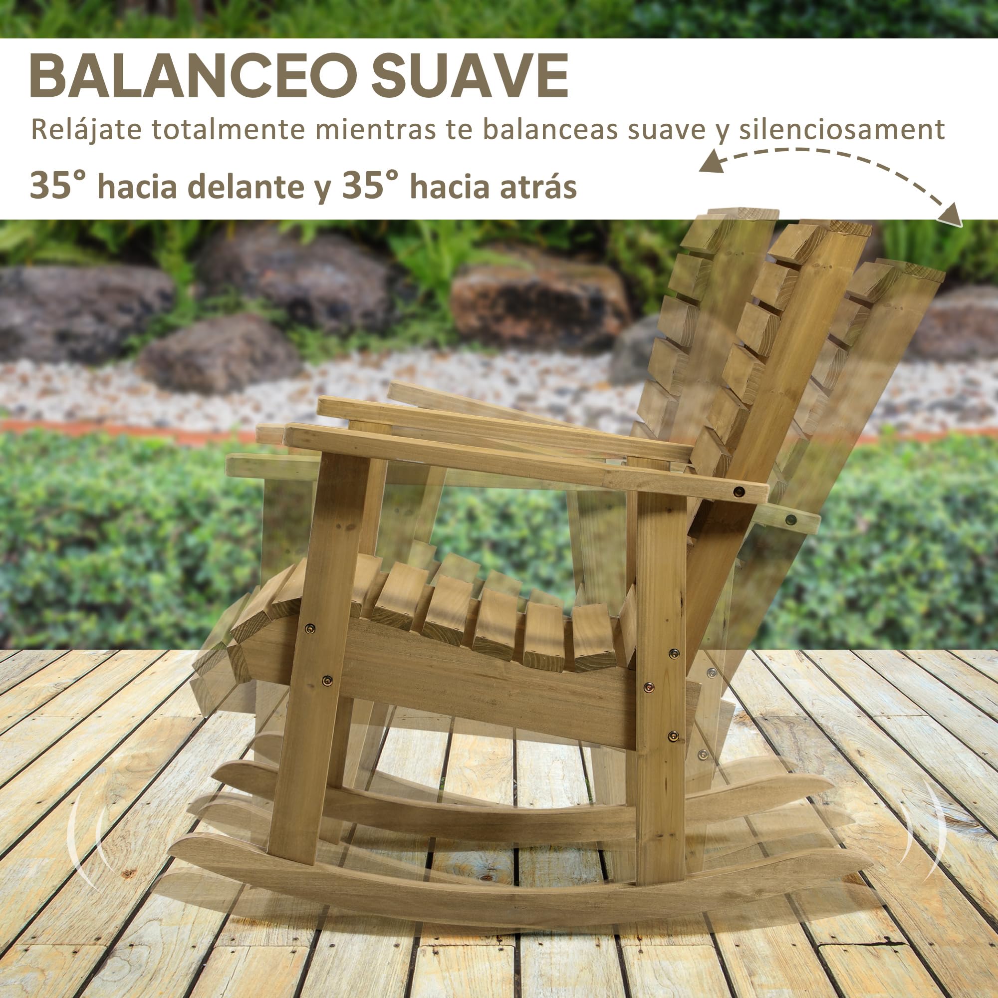Outsunny Silla Mecedora de Madera de Abeto Mecedora Balancín con Reposabrazos y Diseño de Lamas Carga 130 kg para Jardín Terraza Patio Porche 86x64x85 cm Natural