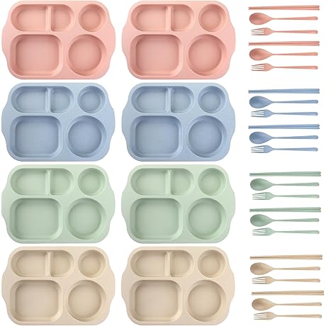 Nicunom 8 Pack Unbreakable Kids Food Tray with Divided Plates and Utensils