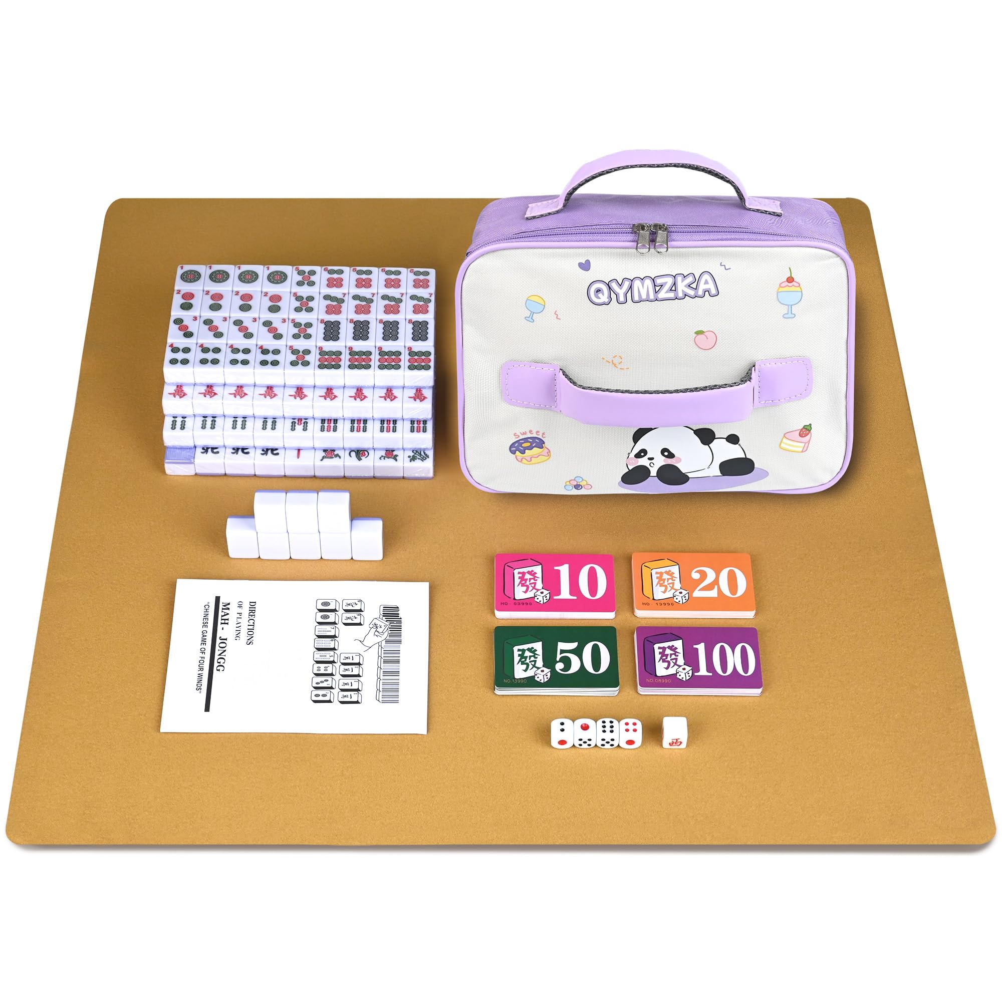 QYMZKA Chinese Small Mahjong Set, 144 Numbered Melamine 1.17" Size Tiles(Purple) and 8 Blank Tiles, with Carrying Travel Bag, English Instruction,