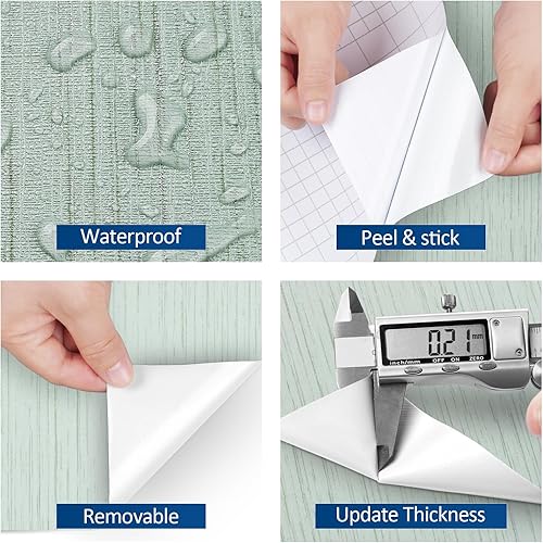 Miniatura 4 de FunStick Papel tapiz de 15.8 x 240 pulgadas, color verde menta, para dormitorio, baño, pasto, papel tapiz de tela de lino texturizada, papel de