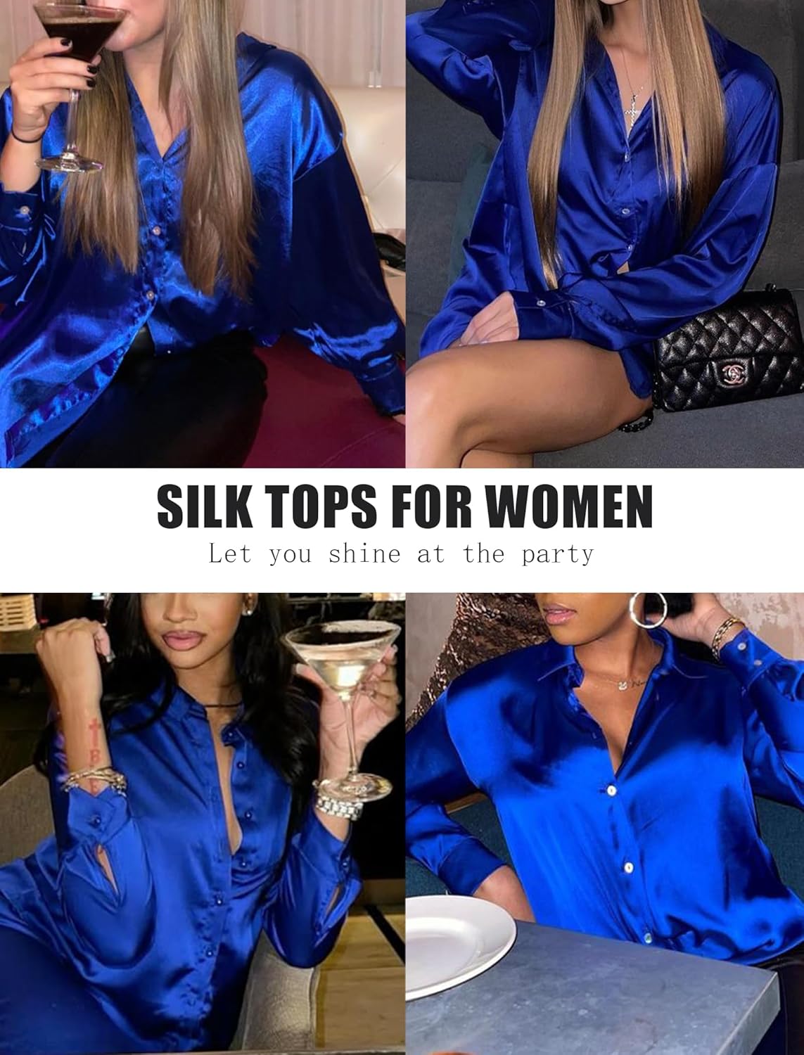 HOTOUCH Button Down Shirts for Women Satin Silk Collared Dressy Casual Blouses Loose Long Sleeve Office Work Tops - Image 2