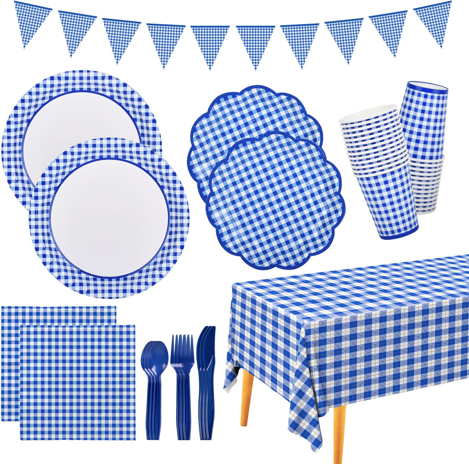 GatherfunBlue and White Gingham Party Tableware Set SERVER 25 Paper Plates Dessert Plates Cups Napkins Tablecloth for Luncheon Picnic Barbecue Birthday Farm Theme Party
