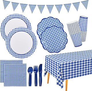 Gatherfun Gingham Blue and White Party Supplies Disposable Paper Plates Napkins Cups Knives Spoons Forks Tablecloth Banner for Birthday Party Family Dinner Picnic Barbecue Father's Day Party, Serve 25