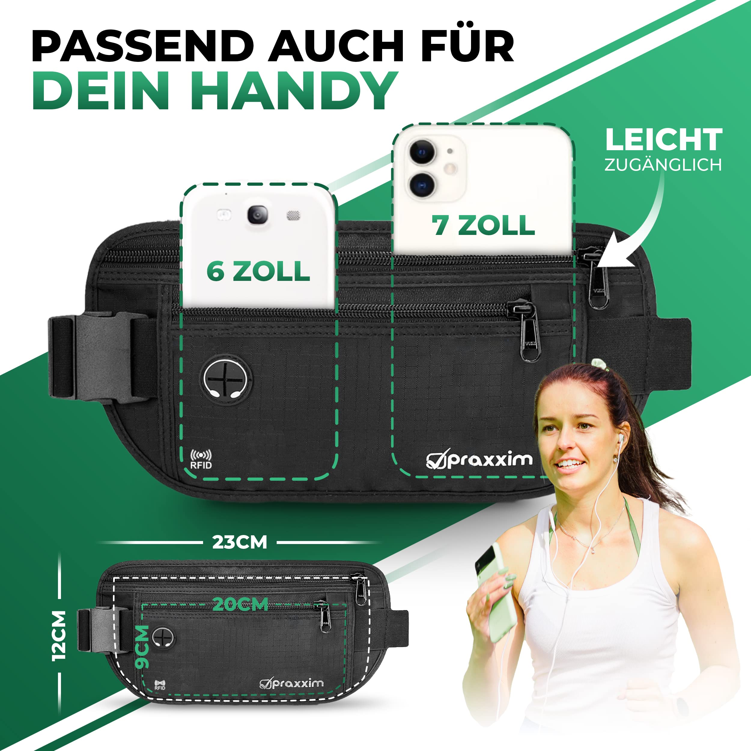 praxxim Die Bauchtasche zum Joggen - Perfekt sitzende Lauftasche - Bauchtasche Damen & Herren - Gürteltasche - Laufgürtel für Jogging und alle Handy Größen (schwarz)