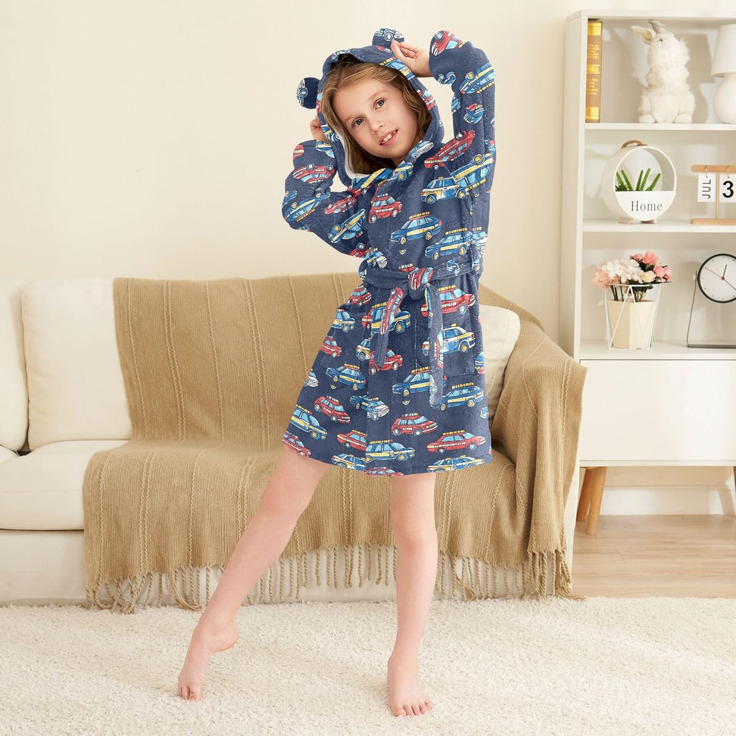 Cartoon Police Cars Blue Bathrobe Hooded PJ Robe Soft Fleece Robe Pajama Sleepwear 2-12 Years