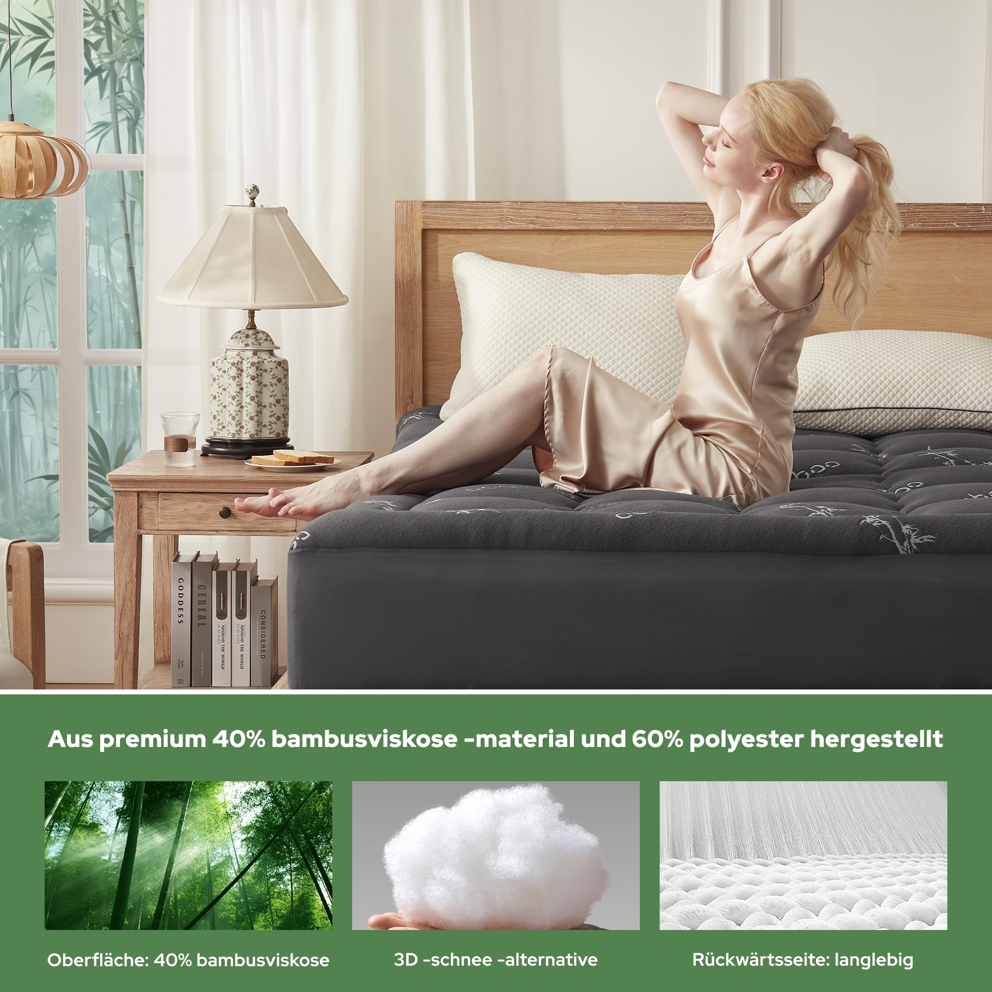 BEDLORE Matratzentopper 140x200cm aus Bambusfaser-Viskose Matratzenauflage mit Dehnbaren Taschen für 30cm Matratze,Weiche Matratzenauflage zur Linderung von Rückenschmerzen (Dunkelgrau)