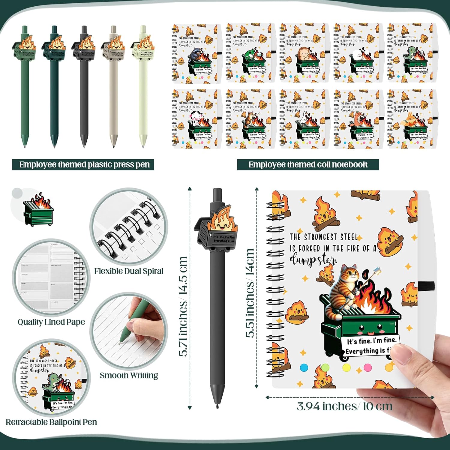 Resurhang 60 Pcs Funny Dumpster Fire Thank You Gifts for Employee , Dumpster Fire A6 Spiral Plan Notebooks with Pens and Sticky Notes Positive Emotional Gift Bulk for Dispatcher Office Team Coworker