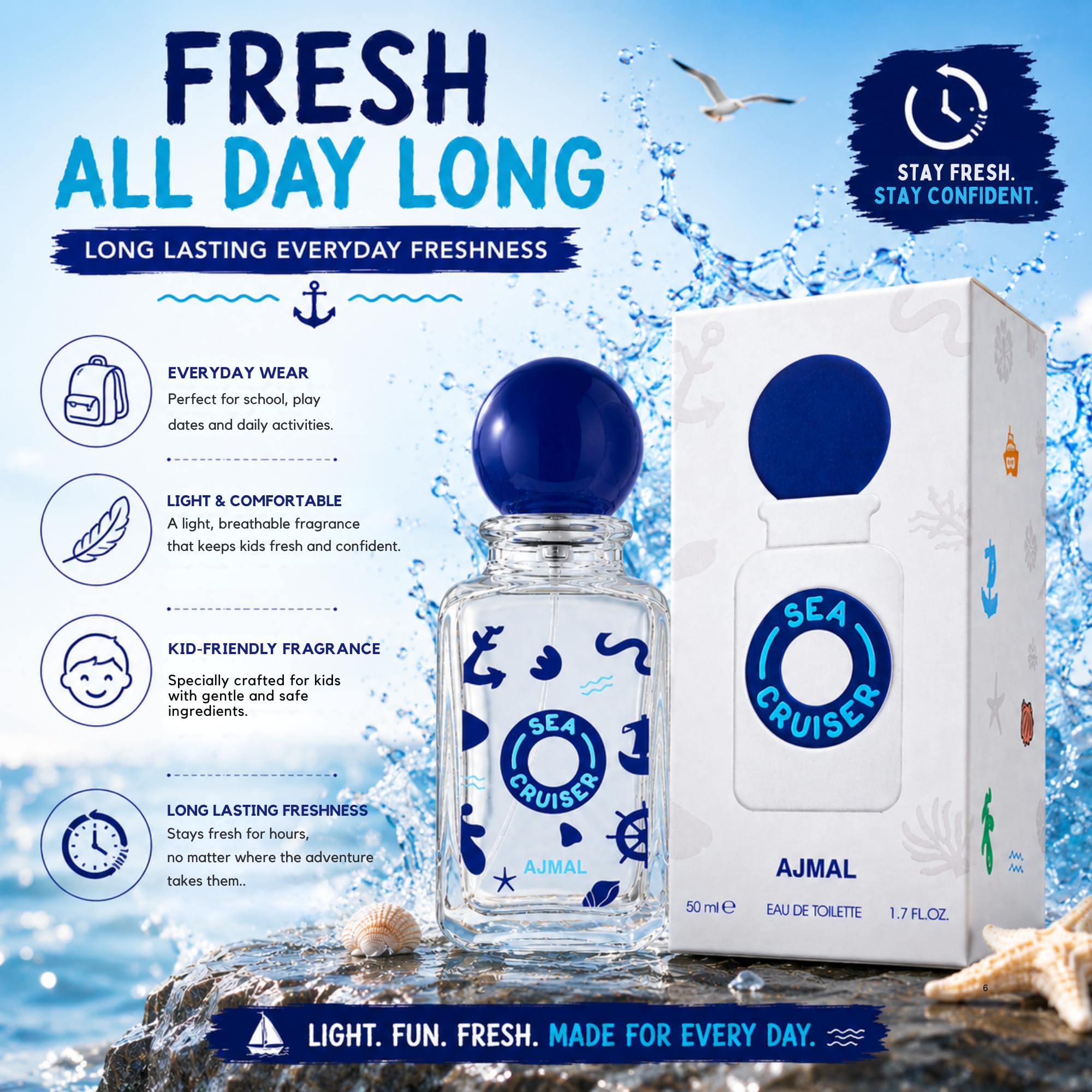 Ajmal SeaCruiser Profumo per ragazzi, 50 ml, fragranza fresca e speziata legnosa con limone e pepe nero, profumo quotidiano per bambini, prodotto a Dubai