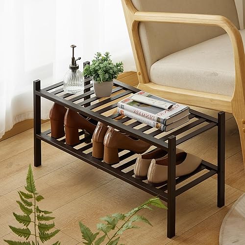 Miniatura 109 de Zapatero de bambú de 2 niveles para entrada, apilable, resistente, multifuncional, zapatero independiente para dormitorio, pasillo, armario Natural