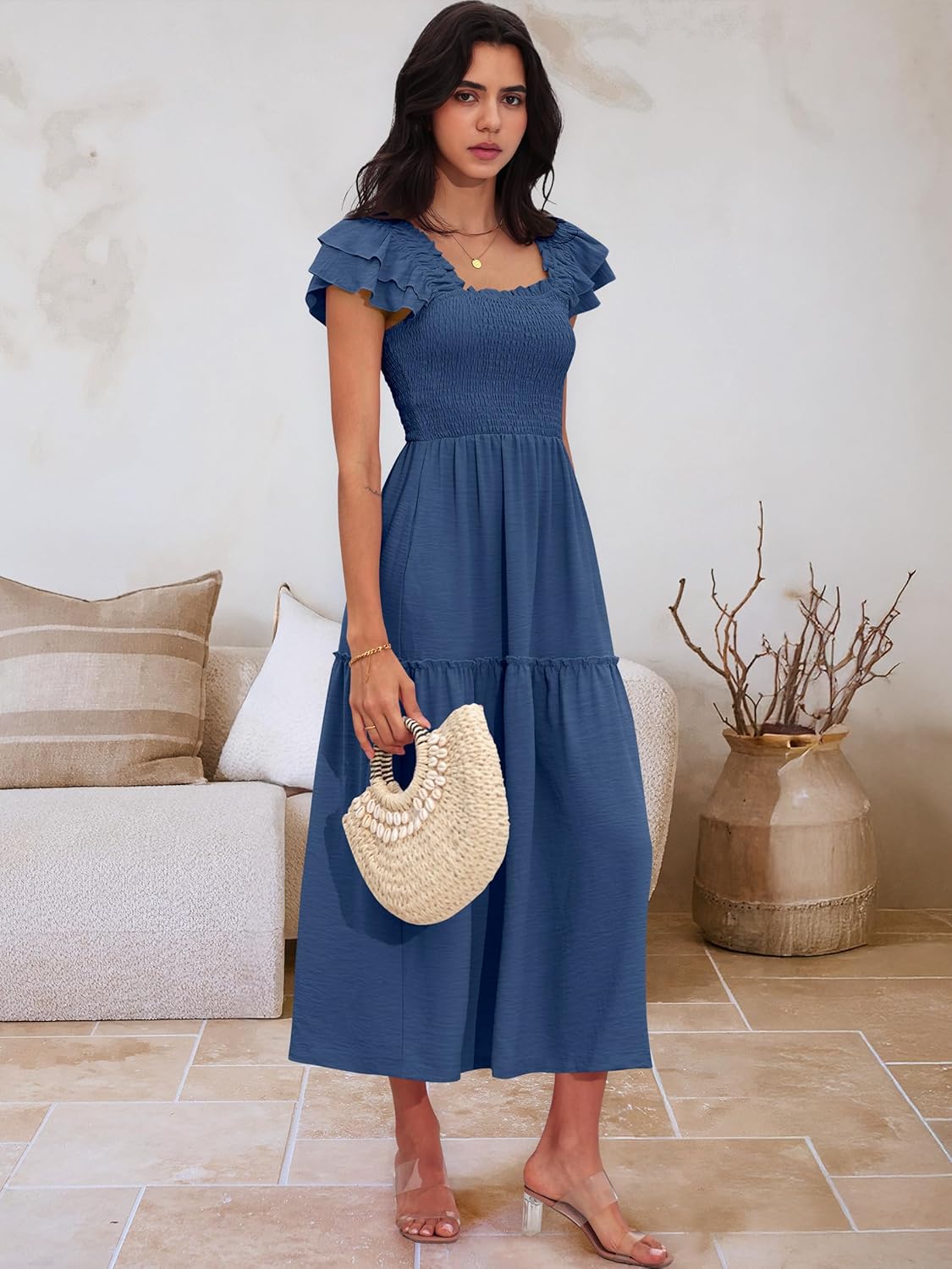 Caracilia Womens Summer Maxi Dress 2026 Casual Ruffle Short Sleeve Square Neck Smocked Flowy Sundress Beach Vacation Clothes - Image 6