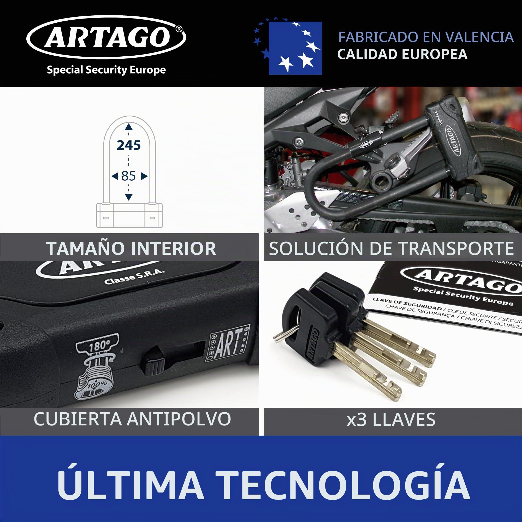 ARTAGO 18ART270 Candado Moto Alta Gama, Antirrobo U Nivel BUNKER Homologado SRA, Sold Secure Gold, ART4, Puro Acero Endurecido 18mm, Doble Cierre Blindado, Cerradura con Disco 5mm Anti-Taladro, 85x270