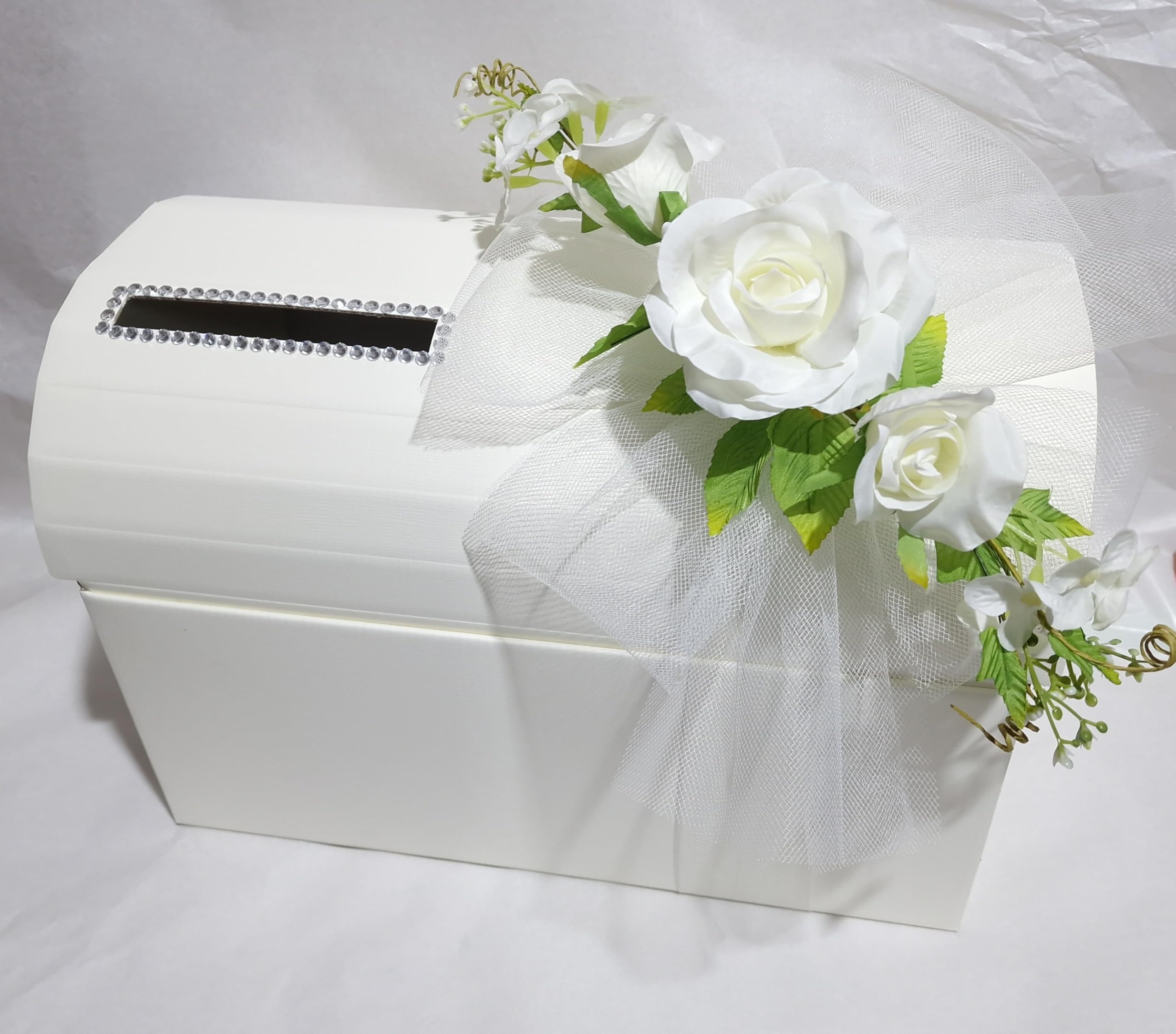 1 pz Baule Scatola Porta Buste Matrimonio Nozze Seta Avorio con Foro Strass Tulle e Fiori Bianchi 38x23x25 cm Wedding Box Elegante Porta Auguri Bomboniera Ricevimento Matrimonio 2026