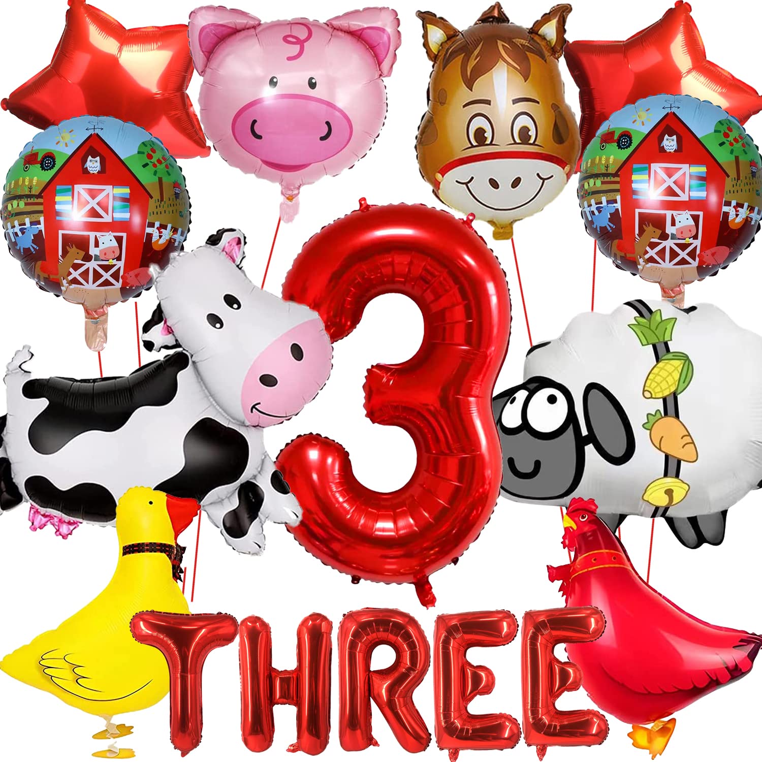 XIAMOOR 14pcs Farm Animal Balloons (Cow, Sheep, Duck, Rooster, Pig, Donkey) for 3rd Birthday Party Decor, Unisex, Children, Red